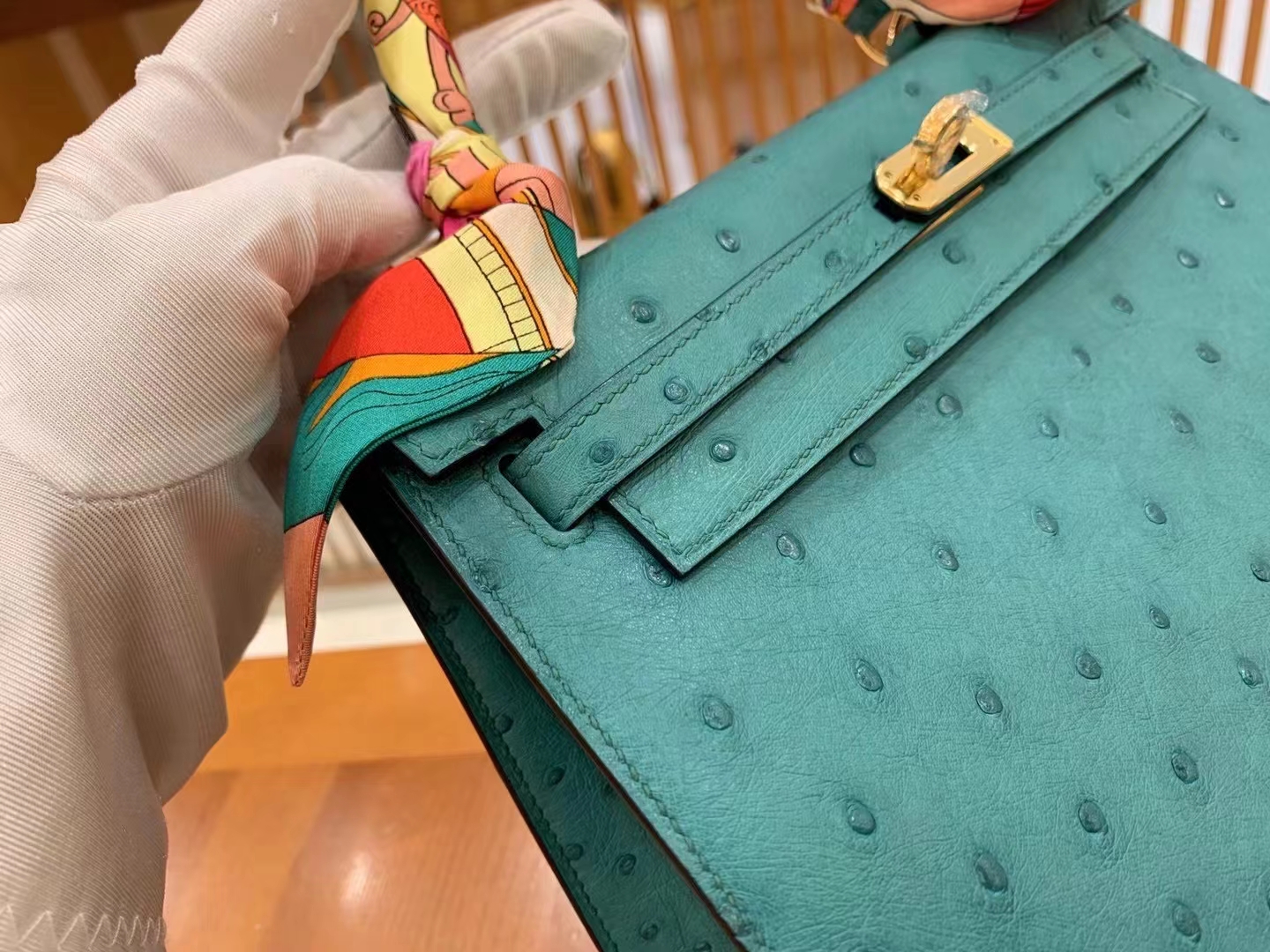 Hermès（爱马仕）Kelly 凯莉包 薄荷绿 进口kk级鸵鸟皮 金扣  25cm 法国原版蜜蜡线 定制