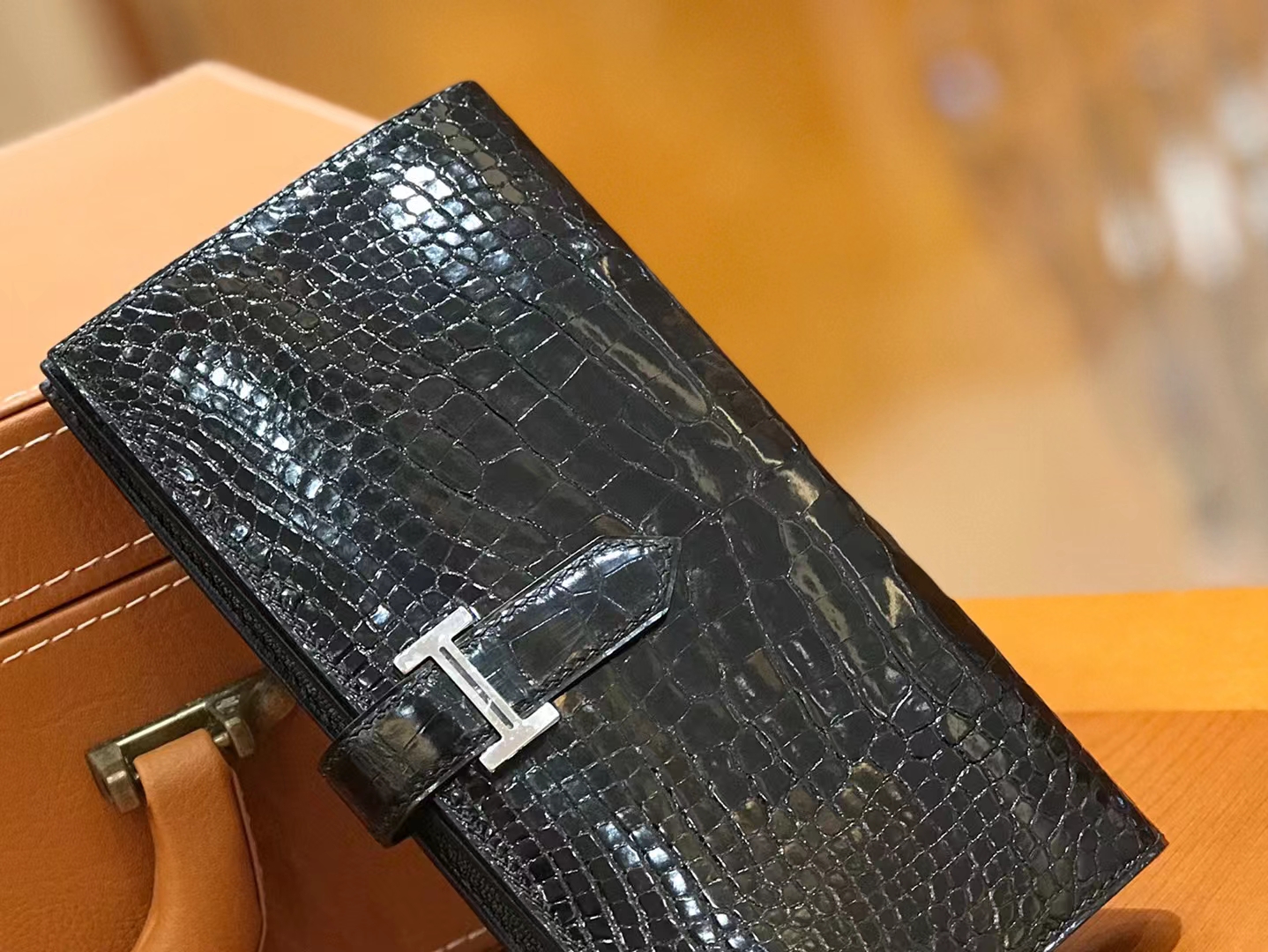 Hermès（爱马仕）Bearn 长夹 经典黑 一级美洲鳄鱼皮 银扣 原版蜜蜡线 顶级手缝