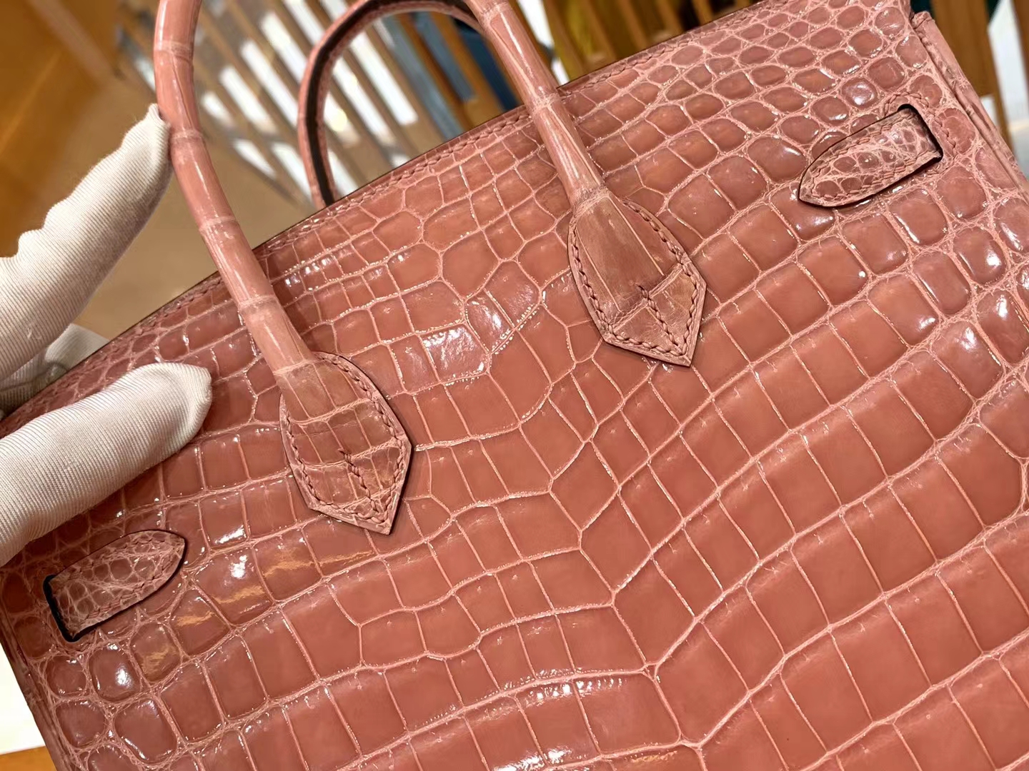 Hermès（爱马仕）Birkin 铂金包 陶瓷粉 进口尼罗鳄鱼皮 金扣 25cm 原版蜜蜡线 顶级手缝
