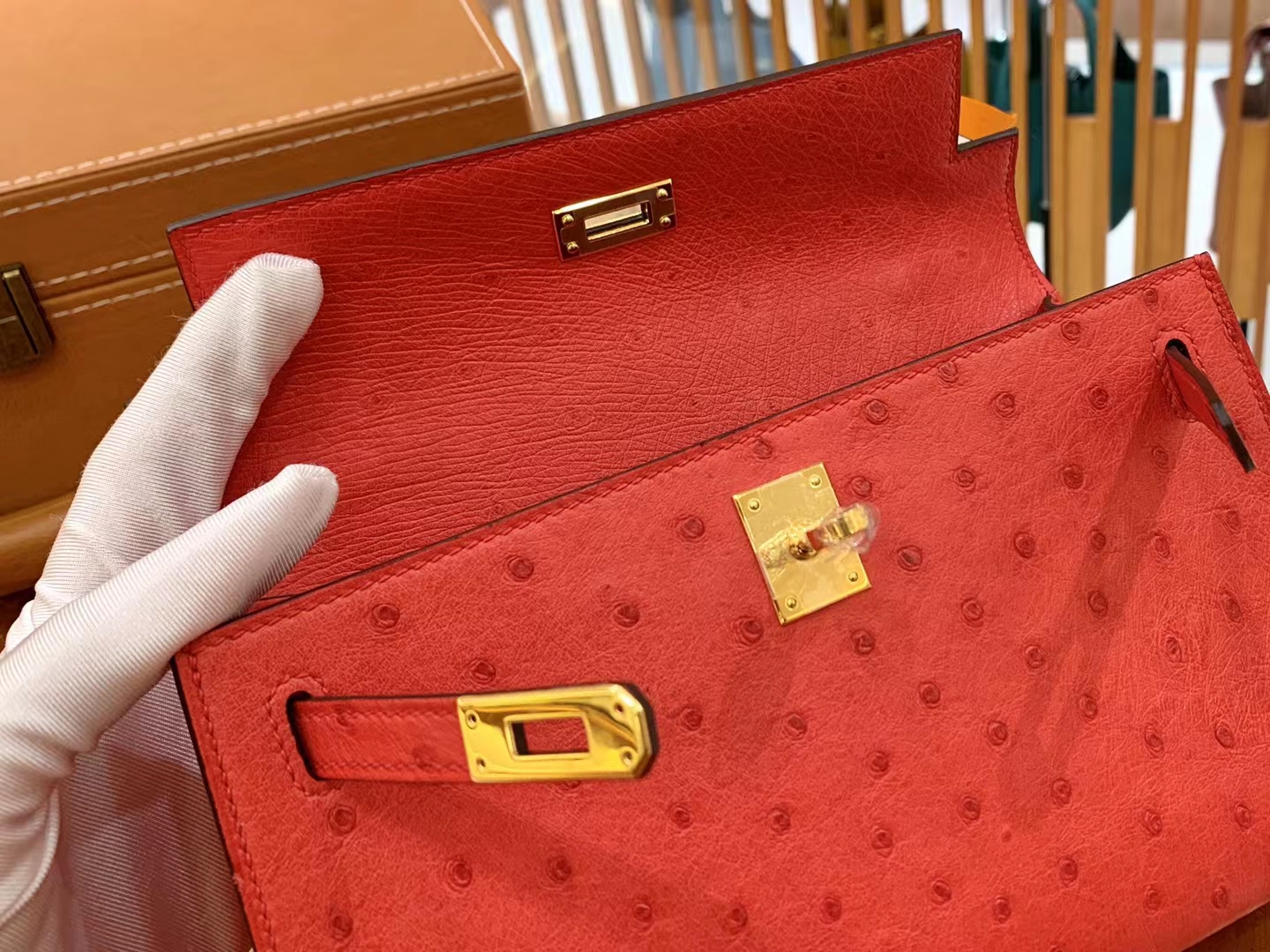 Hermès（爱马仕）Mini Kelly 迷你凯莉 大红 KK鸵鸟皮 金扣 一代 原版蜜蜡线 顶级手缝