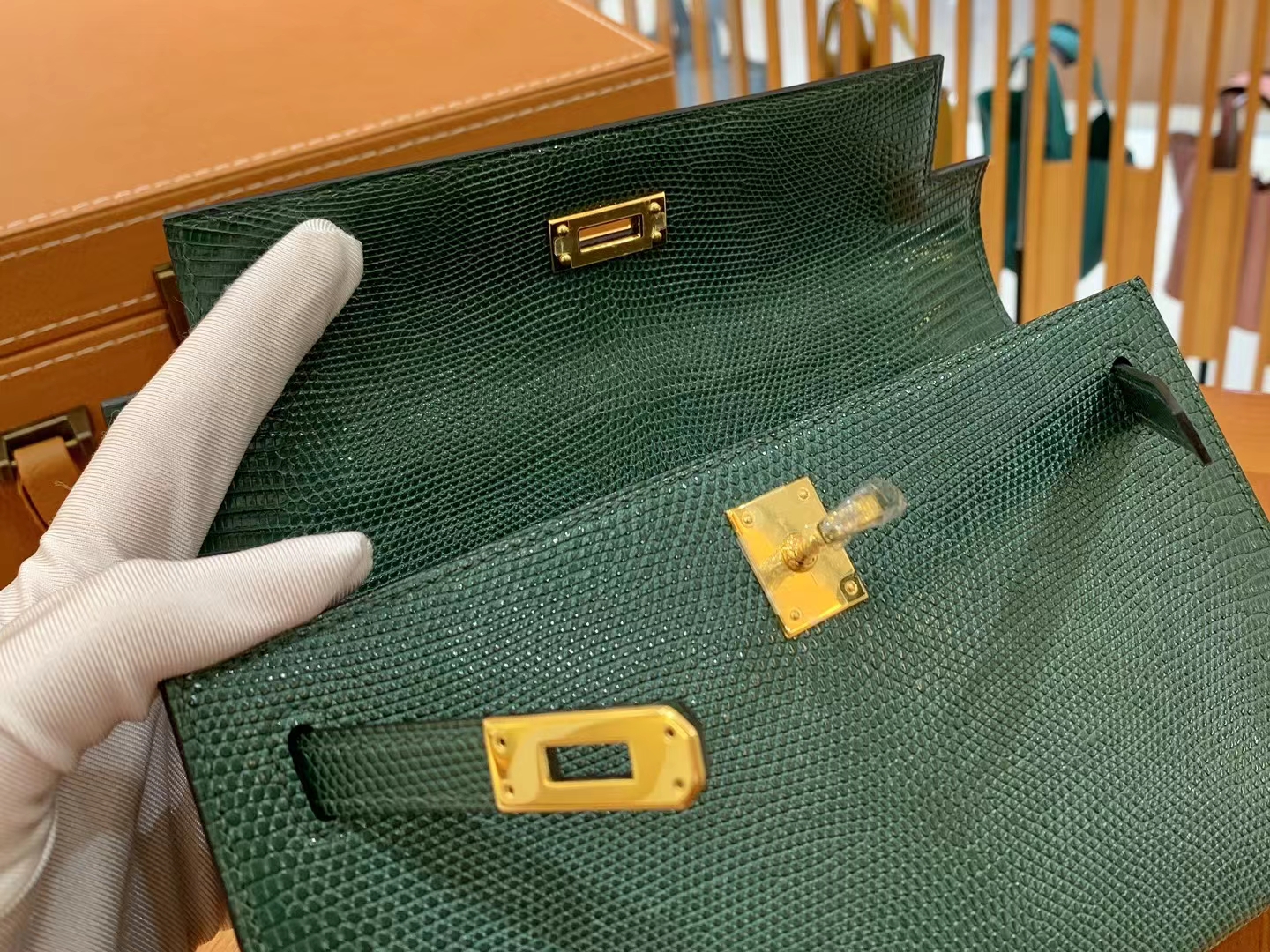 Hermès（爱马仕）Mini Kelly 迷你凯莉 孔雀绿 野生蜥蜴皮 金扣 一代 原版蜜蜡线 顶级手缝