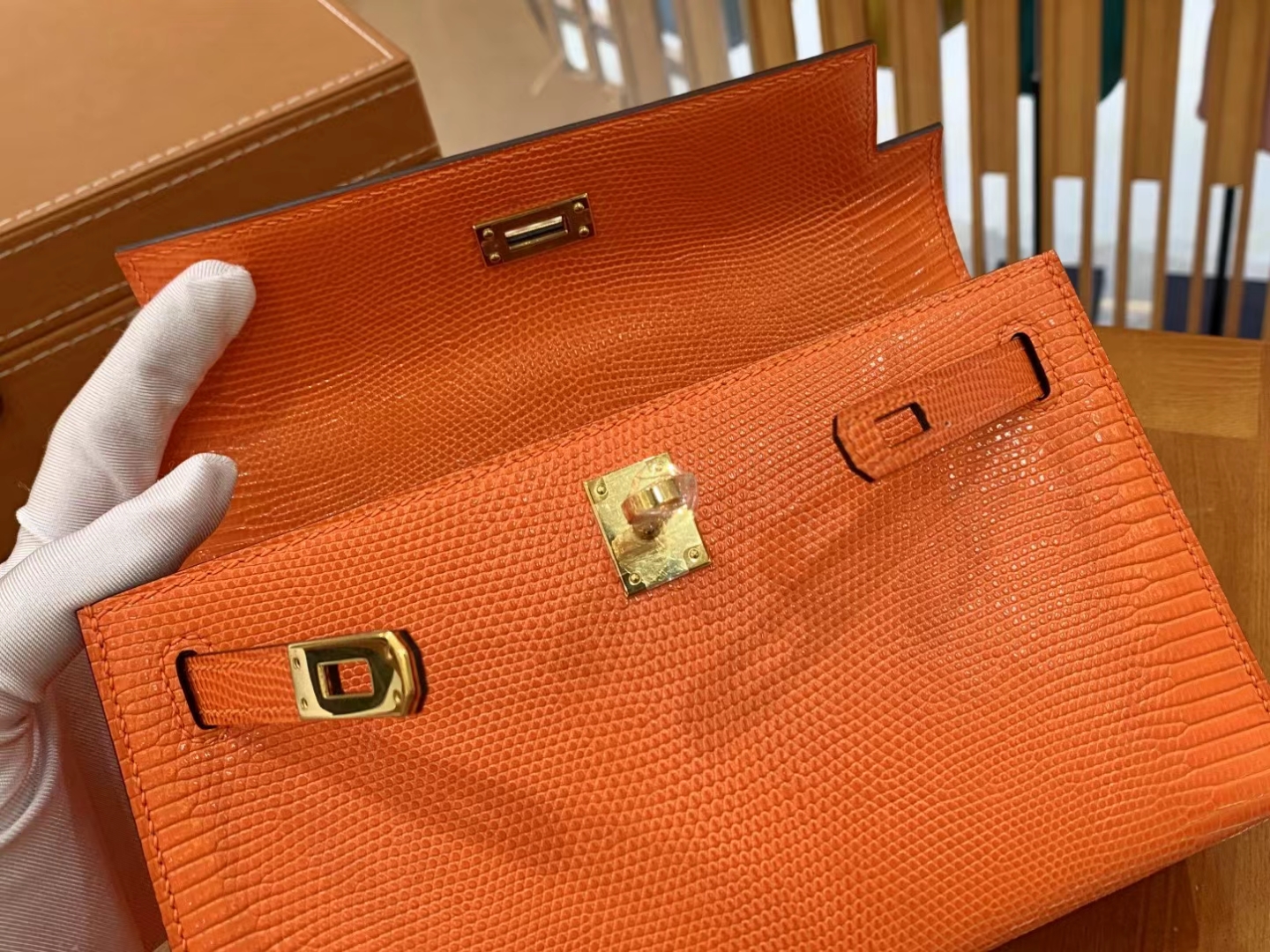 Hermès（爱马仕）Mini Kelly 迷你凯莉 经典橙 野生蜥蜴皮 金扣 一代 原版蜜蜡线 顶级手缝
