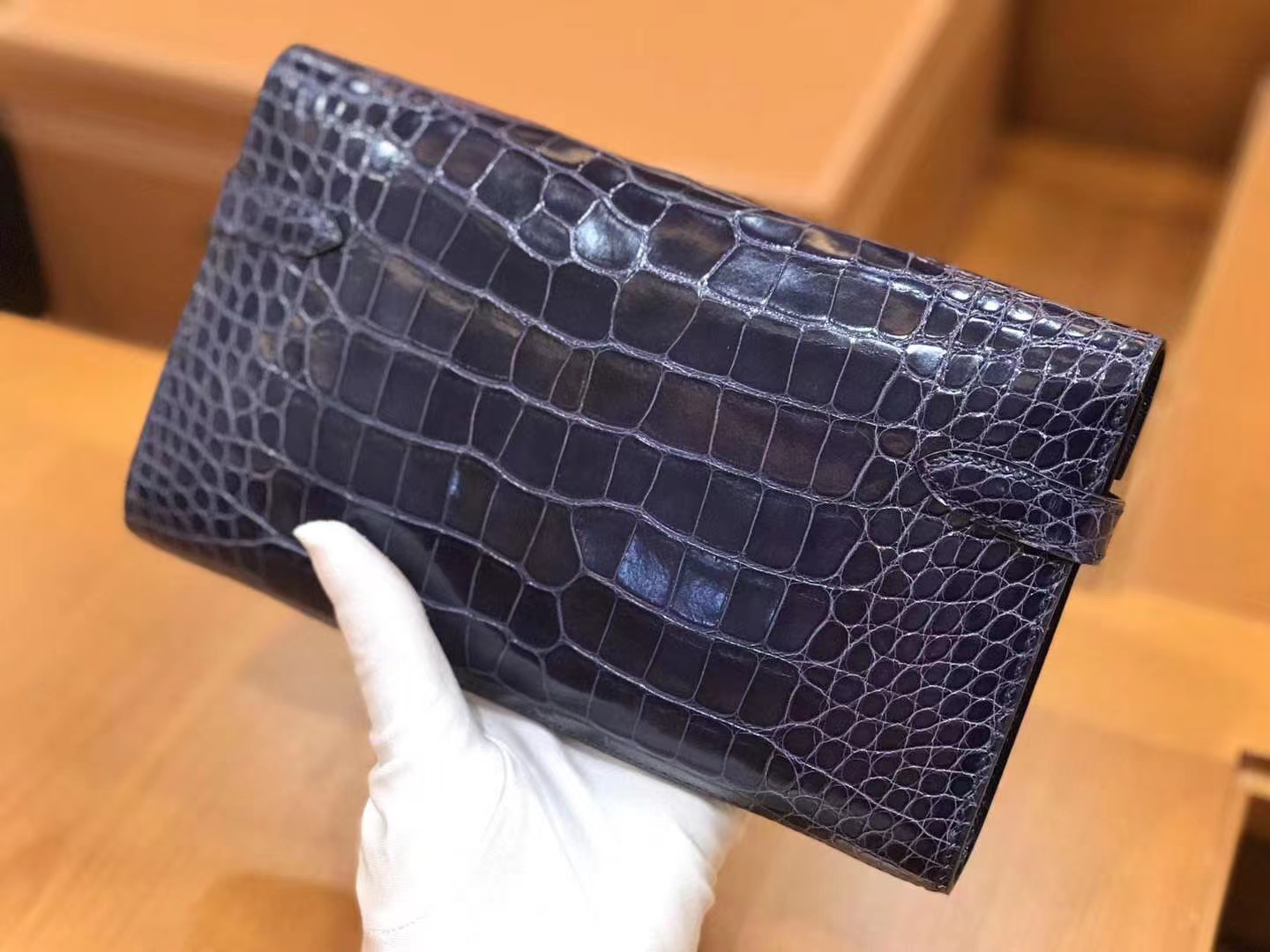 Hermès（爱马仕）Kelly 钱夹 宝石蓝 一级美洲鳄鱼皮 银扣 原版蜜蜡线 顶级手缝