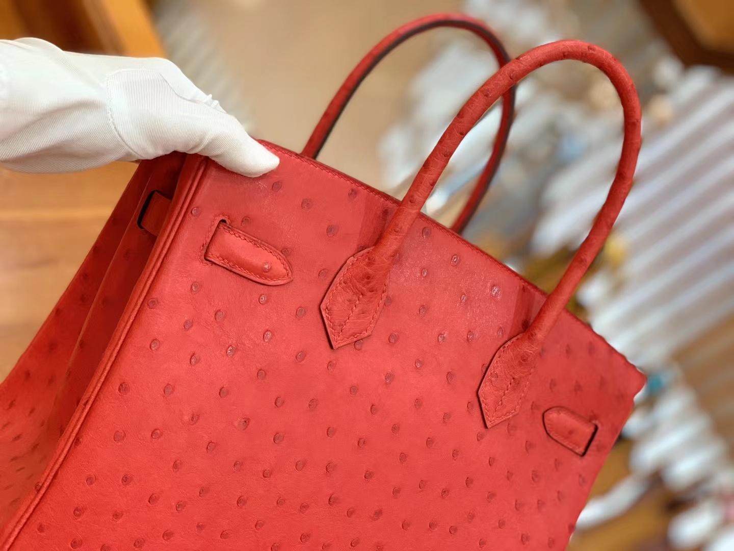 Hermès（爱马仕）Birkin 铂金包 南非KK鸵鸟皮 大红色 金扣 30cm 原版蜜蜡线 顶级手缝