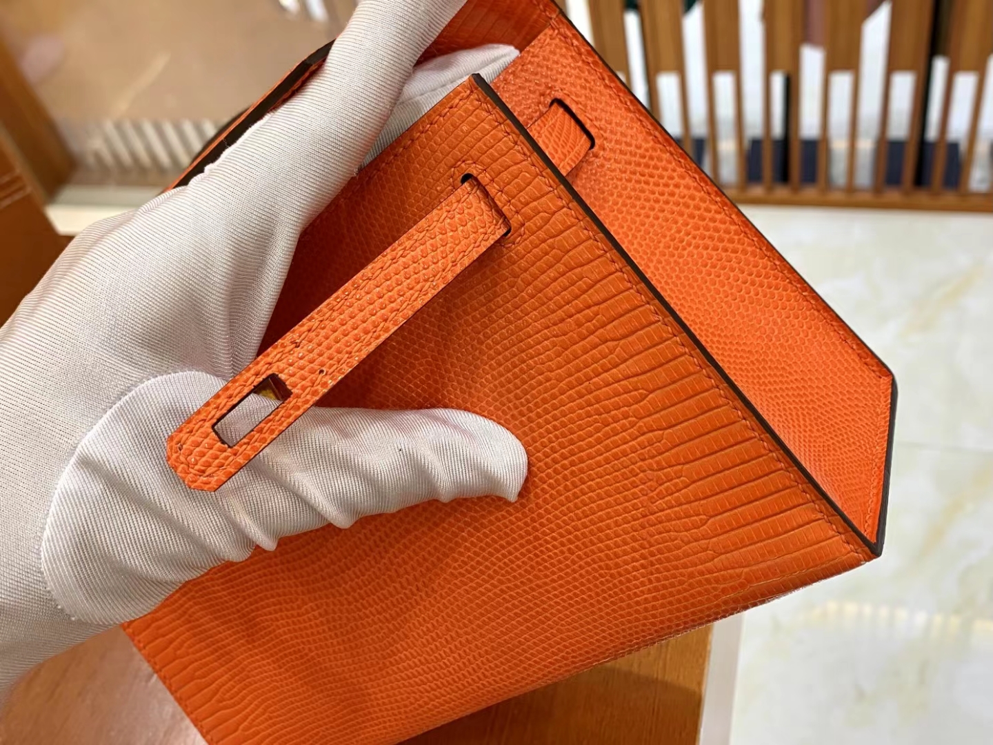 Hermès（爱马仕）Mini Kelly 迷你凯莉 经典橙 野生蜥蜴皮 金扣 一代 原版蜜蜡线 顶级手缝