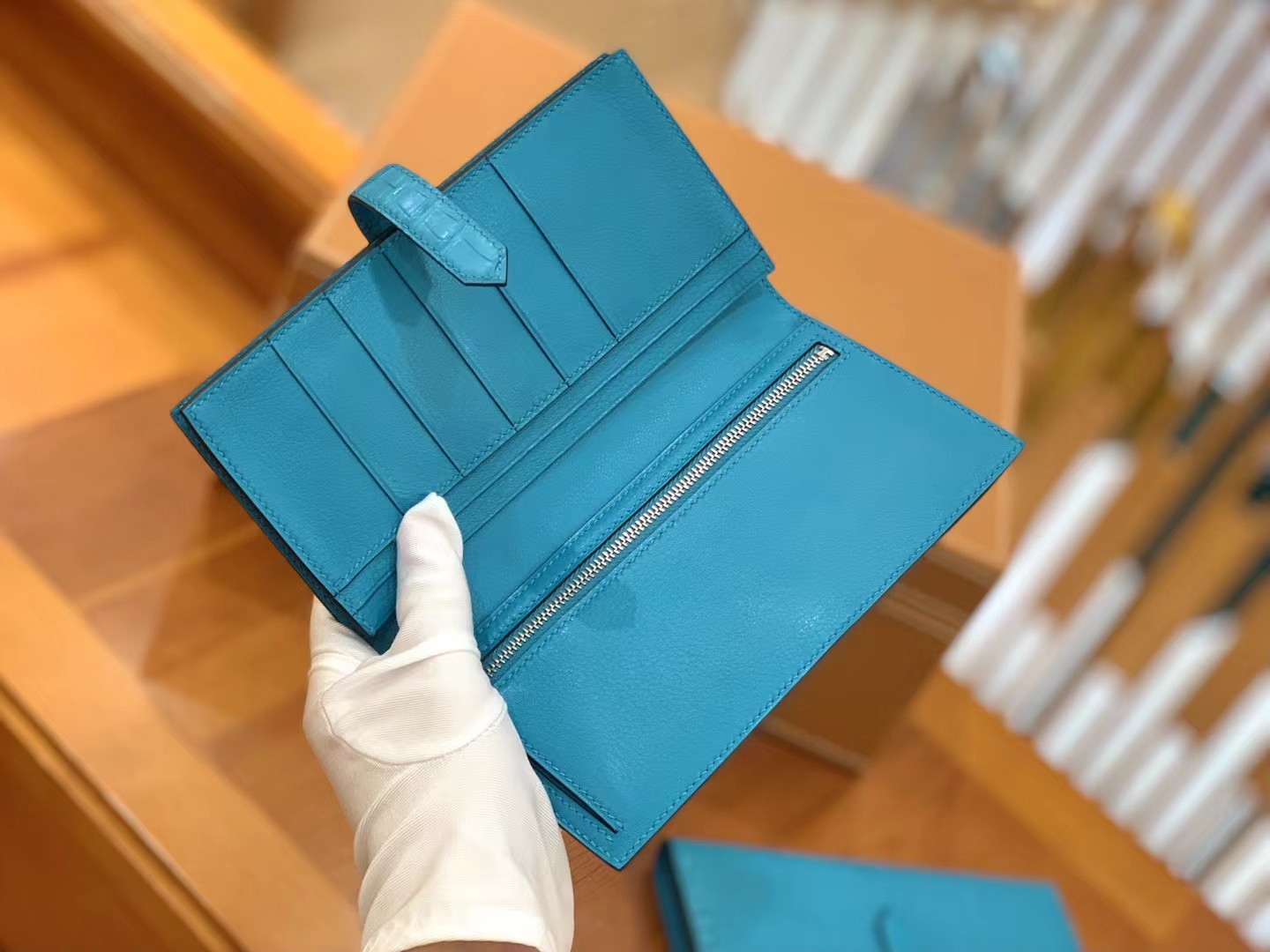 Hermès（爱马仕）Bearn 长夹 孔雀蓝 一级雾面美洲鳄鱼皮 金扣 原版蜜蜡线 顶级手缝