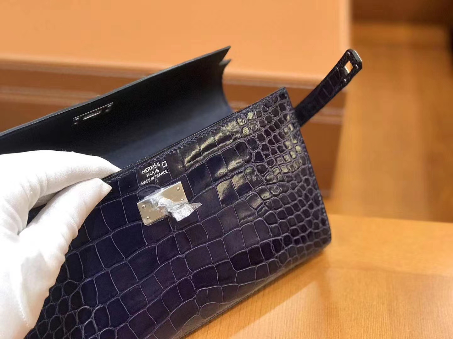 Hermès（爱马仕）Kelly 钱夹 宝石蓝 一级美洲鳄鱼皮 银扣 原版蜜蜡线 顶级手缝