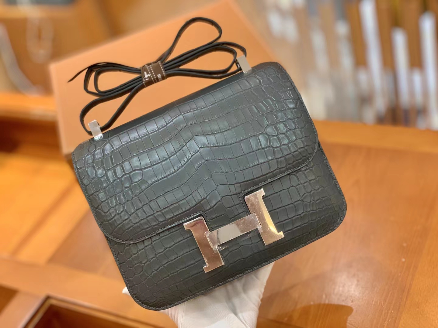 Hermès（爱马仕）Constance 康斯坦斯 进口尼罗鳄鱼皮 锡器灰 银扣 24cm 原版蜜蜡线 顶级手缝