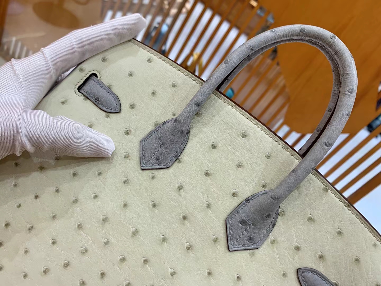 Hermès（爱马仕）Birkin 铂金包 南非KK鸵鸟皮 奶昔白拼冰川蓝 银扣 25cm 原版蜜蜡线 顶级手缝