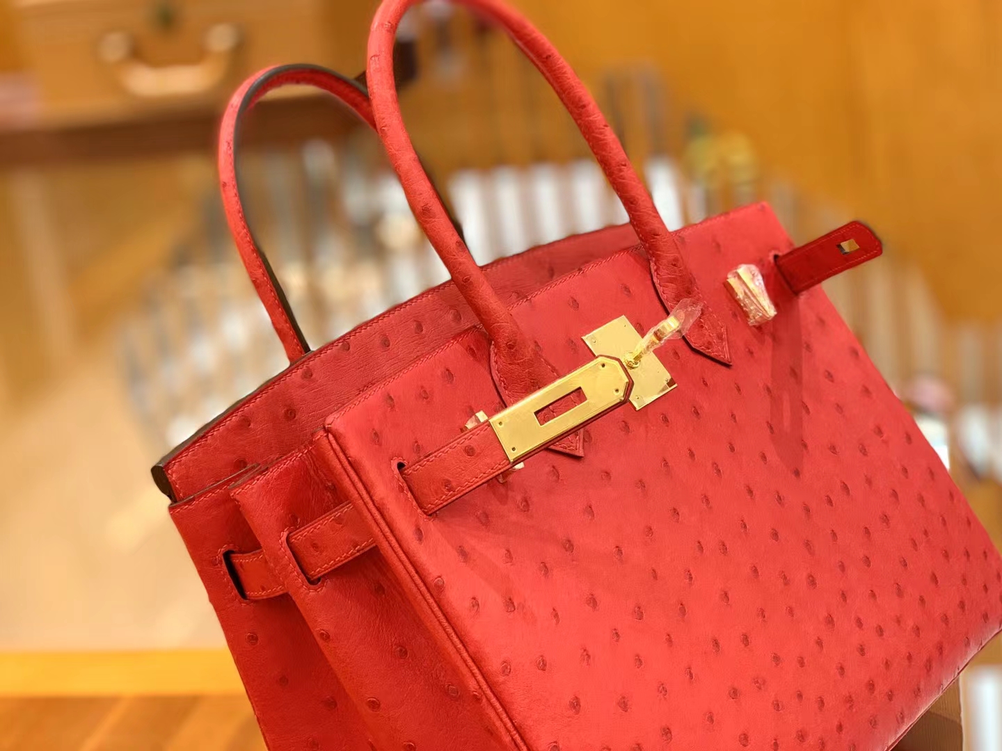 Hermès（爱马仕）Birkin 铂金包 南非KK鸵鸟皮 大红色 金扣 30cm 原版蜜蜡线 顶级手缝