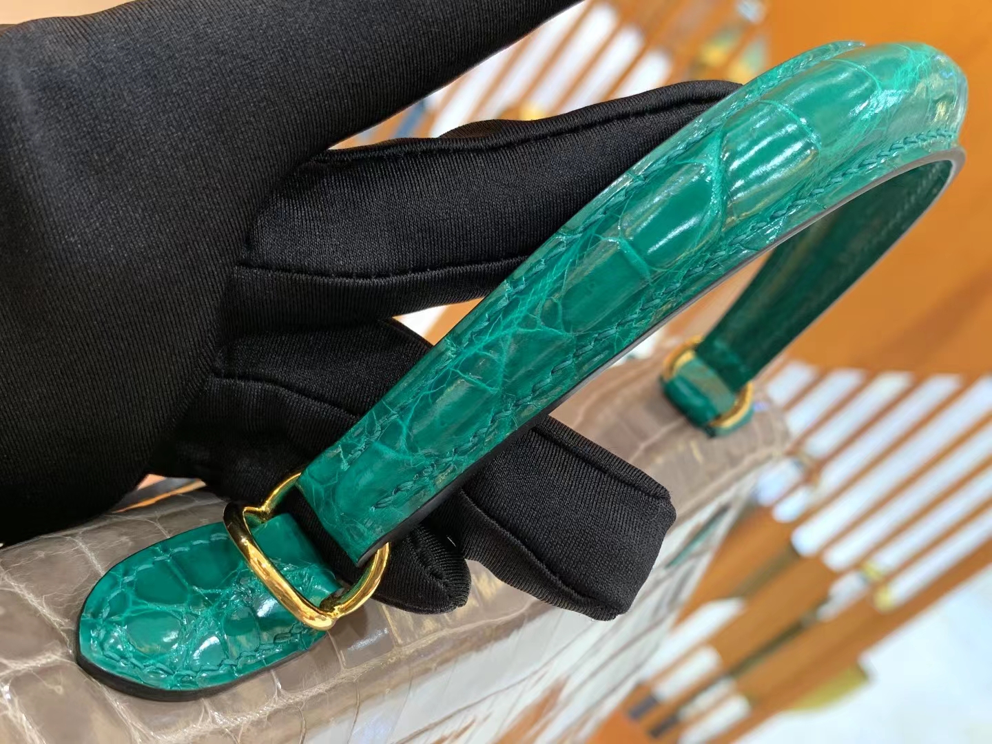 Hermès（爱马仕）Kelly 凯莉包 大象灰拼翡翠绿 进口尼罗鳄鱼皮 金扣 25cm 原版蜜蜡线 顶级手缝