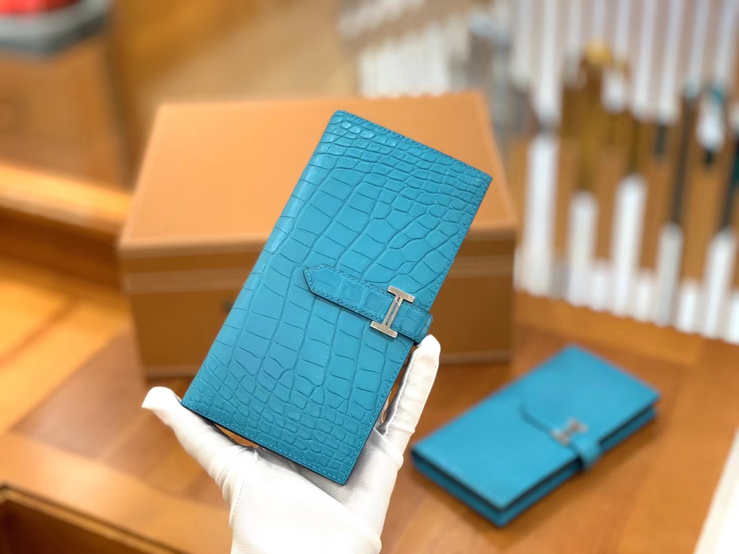 Hermès（爱马仕）Bearn 长夹 孔雀蓝 一级雾面美洲鳄鱼皮 金扣 原版蜜蜡线 顶级手缝