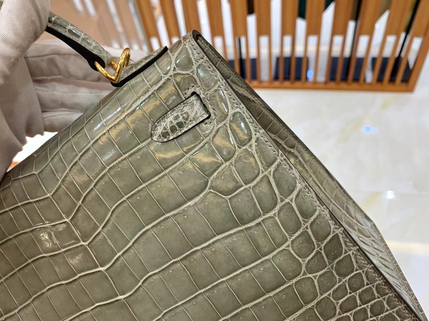 Hermès（爱马仕）Kelly 凯莉包 斑鸠灰 进口尼罗鳄鱼皮 金扣 25cm 原版蜜蜡线 顶级手缝