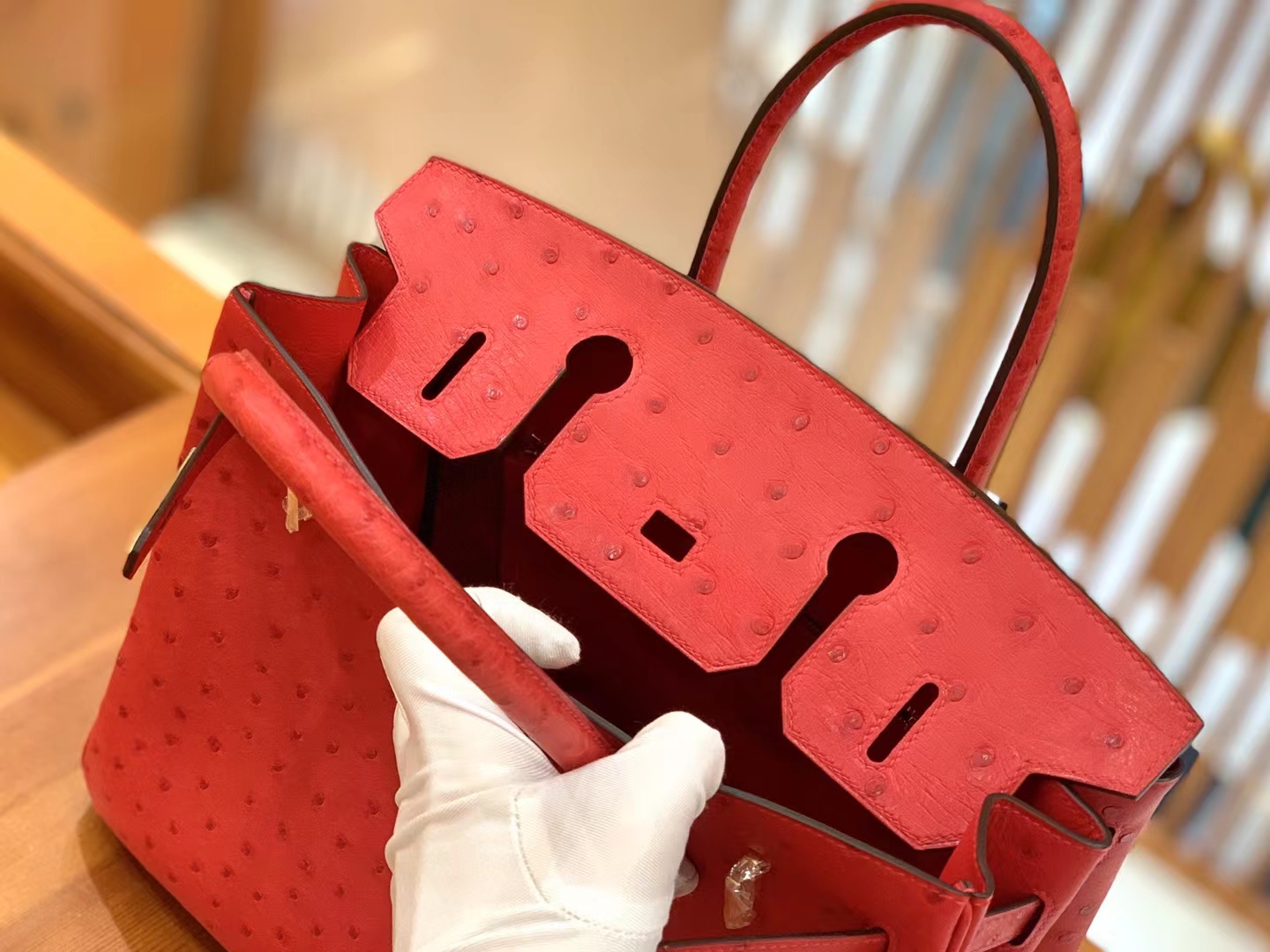 Hermès（爱马仕）Birkin 铂金包 南非KK鸵鸟皮 大红色 金扣 30cm 原版蜜蜡线 顶级手缝