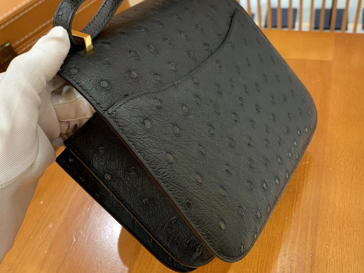 Hermès（爱马仕）Constance 康康 经典黑 南非KK鸵鸟皮 金扣 19cm 原版蜜蜡线 顶级手缝