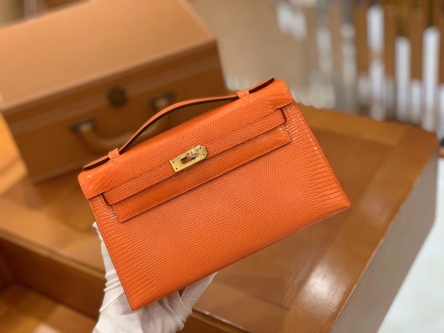 Hermès（爱马仕）Mini Kelly 迷你凯莉 经典橙 野生蜥蜴皮 金扣 一代 原版蜜蜡线 顶级手缝