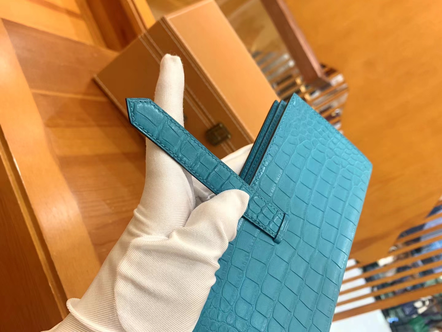Hermès（爱马仕）Bearn 长夹 孔雀蓝 一级雾面美洲鳄鱼皮 金扣 原版蜜蜡线 顶级手缝