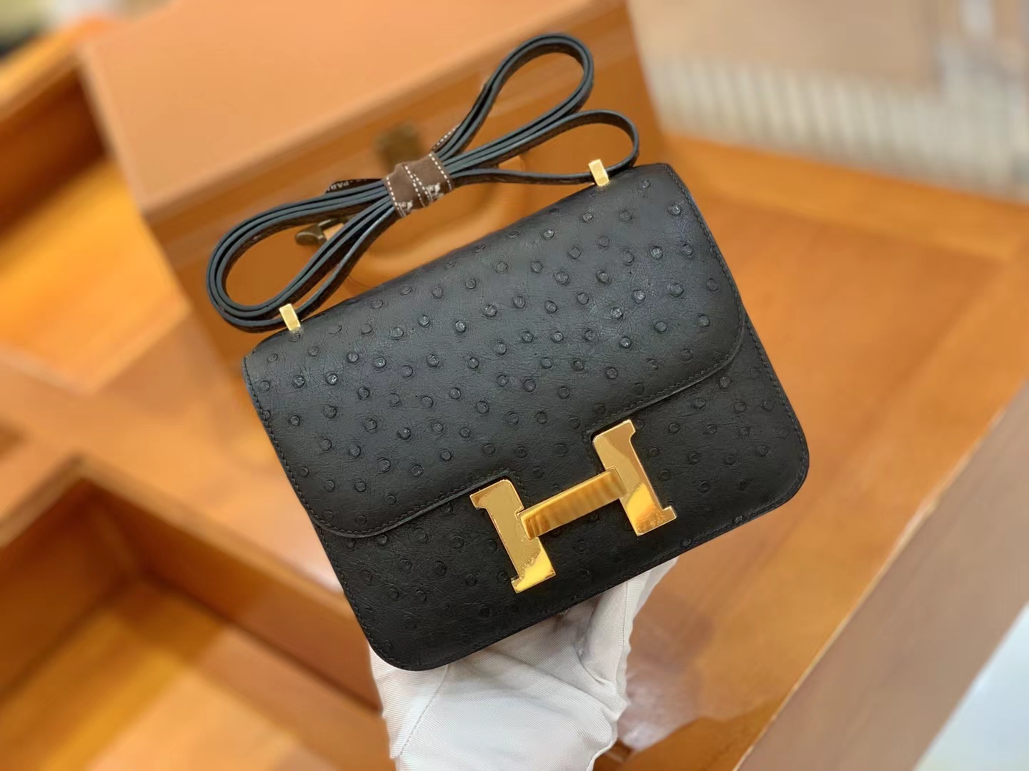 Hermès（爱马仕）Constance 康康 经典黑 南非KK鸵鸟皮 金扣 19cm 原版蜜蜡线 顶级手缝
