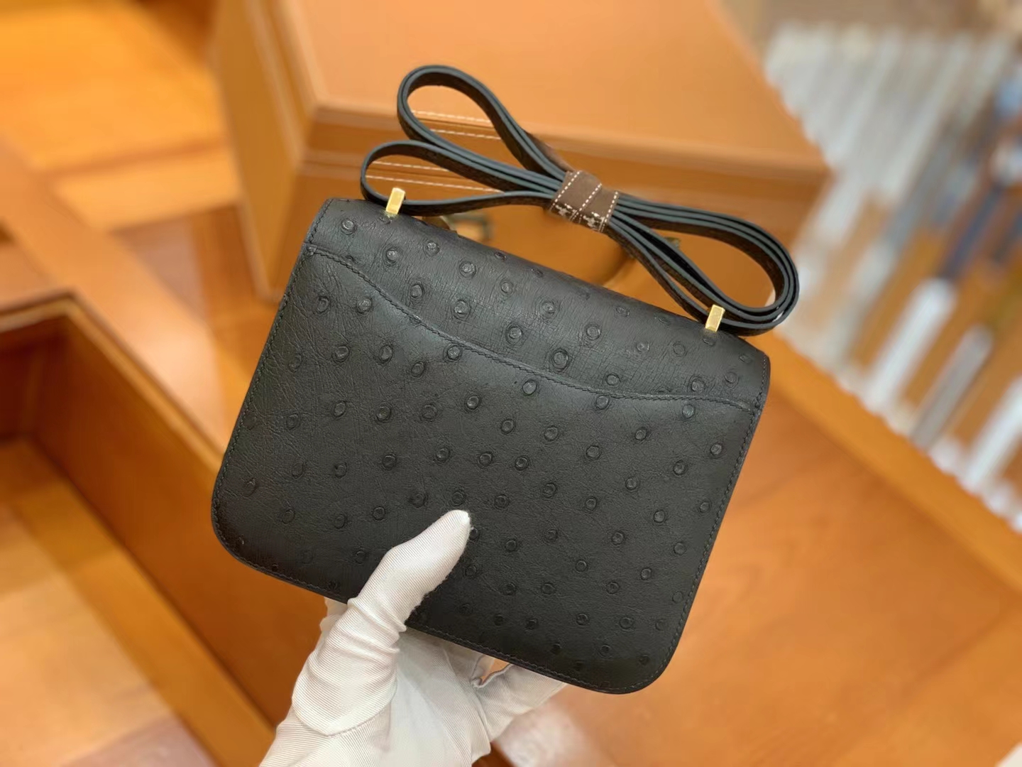 Hermès（爱马仕）Constance 康康 经典黑 南非KK鸵鸟皮 金扣 19cm 原版蜜蜡线 顶级手缝