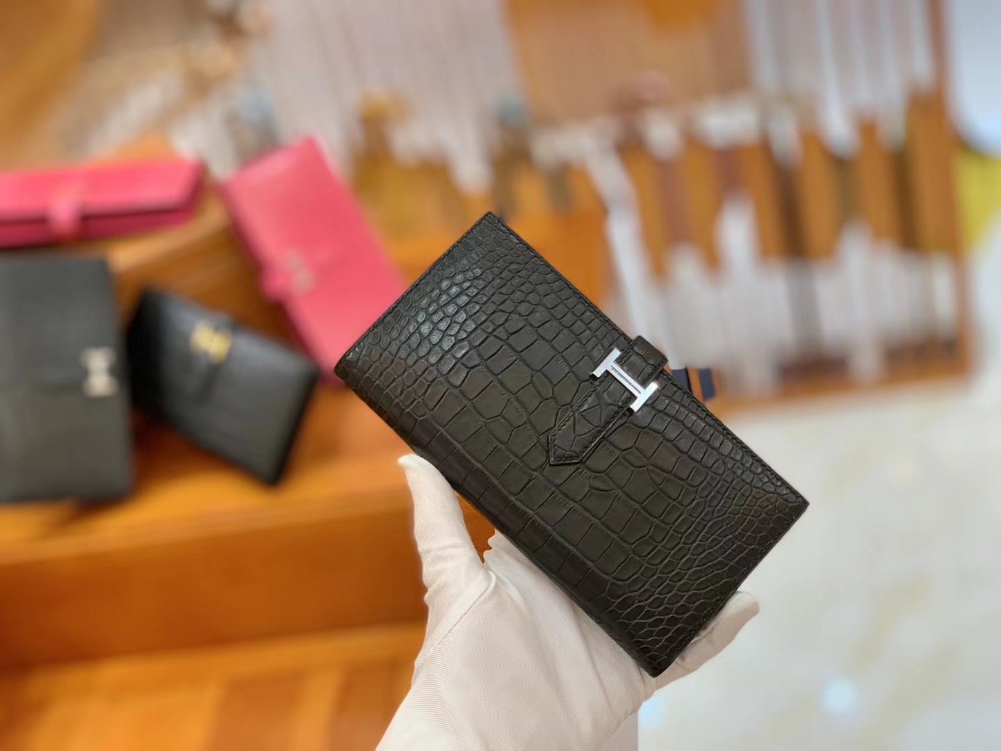 Hermès（爱马仕）Bearn 长夹 经典黑 一级雾面美洲鳄鱼皮 银扣 原版蜜蜡线 顶级手缝