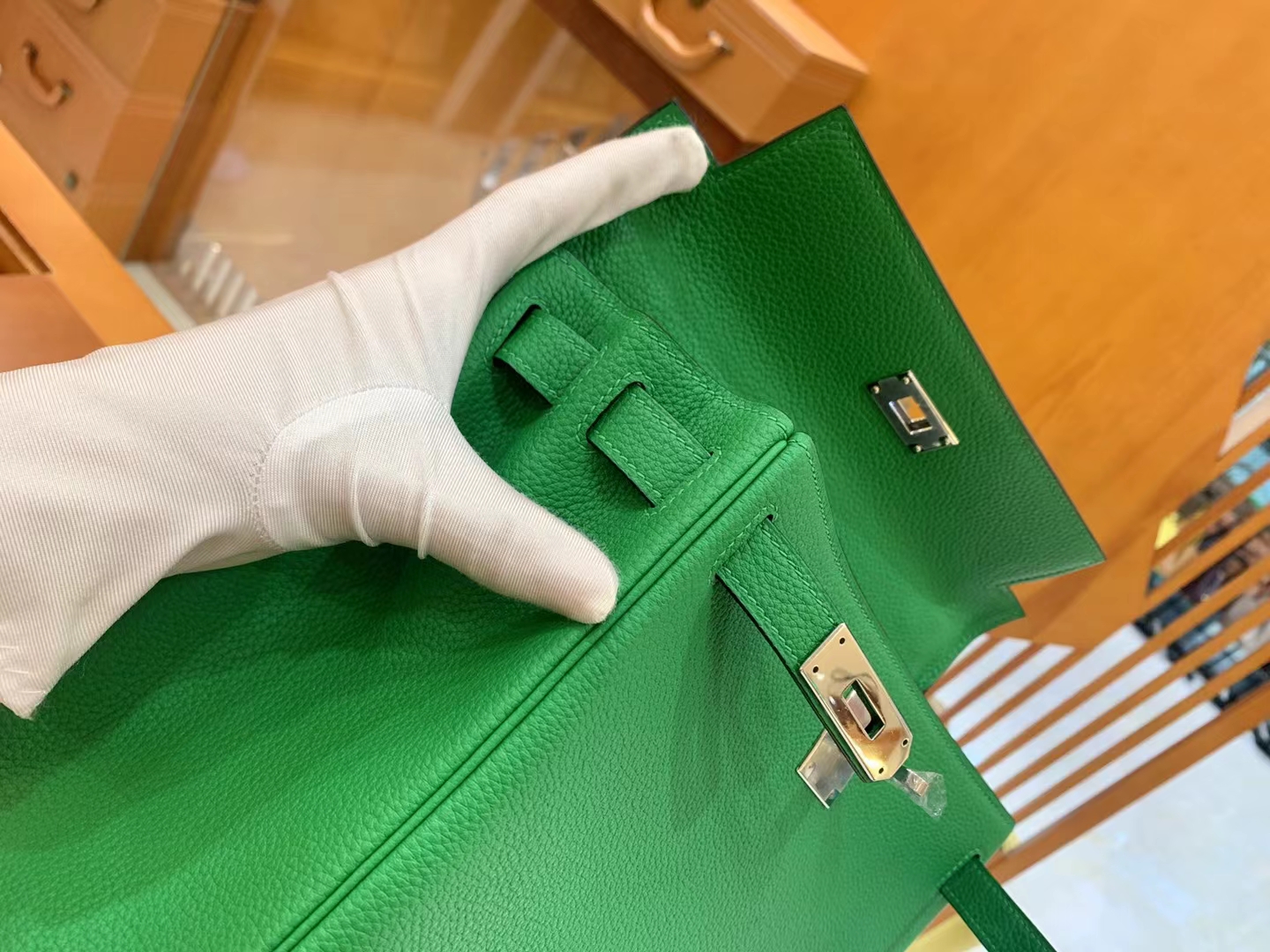 Hermès（爱马仕）Kelly 凯莉包 竹子绿 Togo小牛皮 银扣 28cm 原版蜜蜡线 顶级手缝