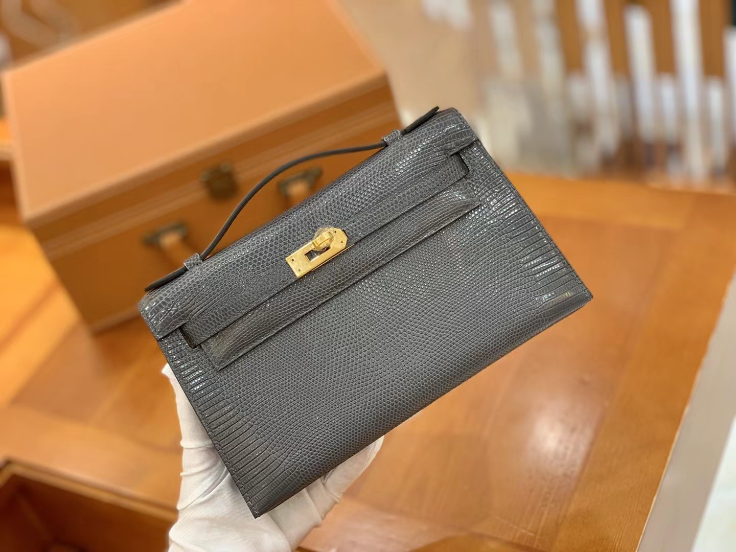 Hermès（爱马仕）Mini Kelly 迷你凯莉 锡器灰 野生蜥蜴皮 金扣 一代 原版蜜蜡线 顶级手缝
