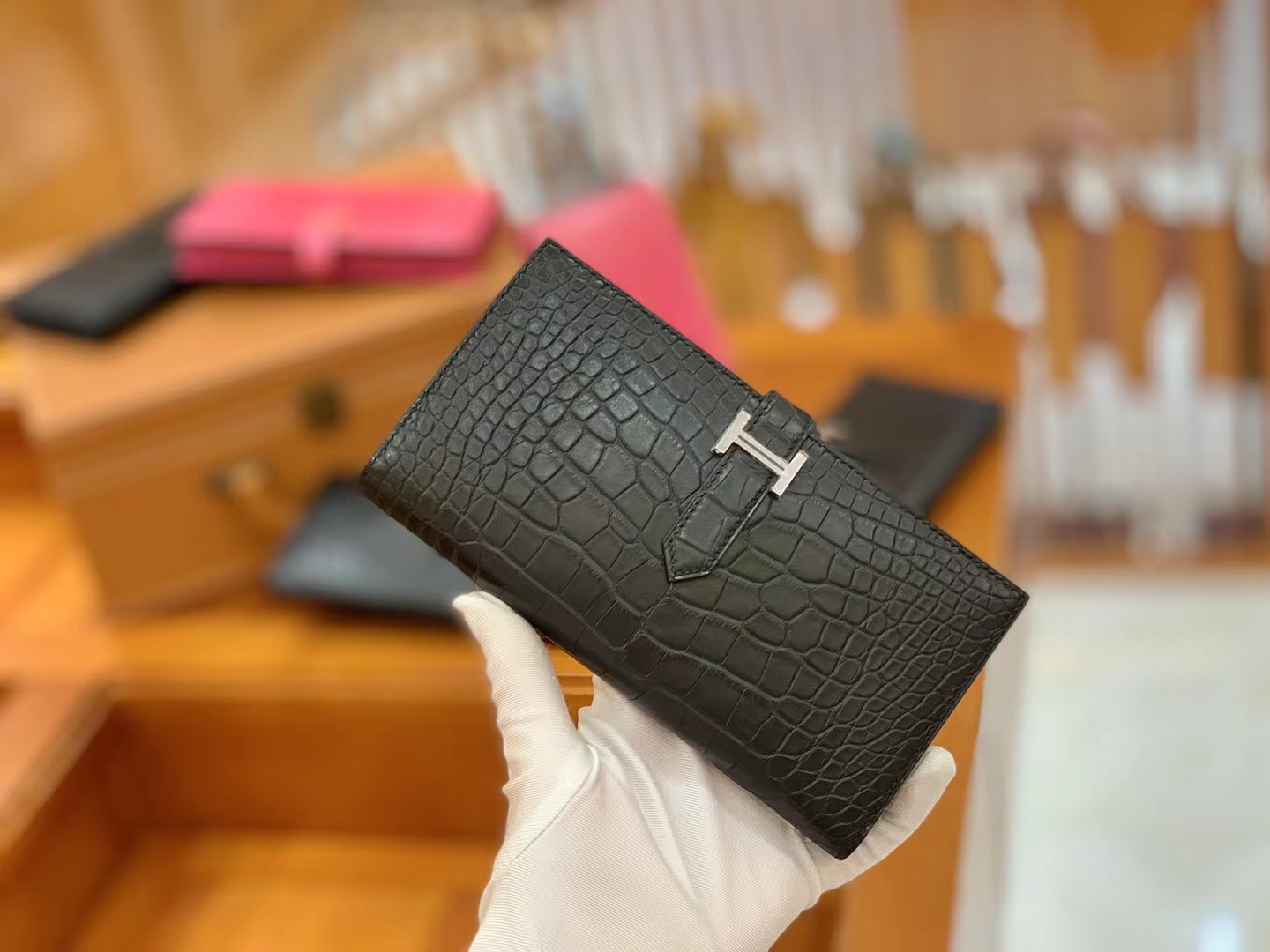 Hermès（爱马仕）Bearn 长夹 经典黑 一级雾面美洲鳄鱼皮 银扣 原版蜜蜡线 顶级手缝