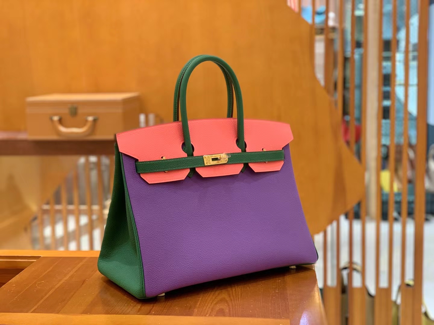 Hermès（爱马仕）Birkin 铂金包 梦幻紫 拼 唇膏粉 拼 丝绒绿 进口Togo皮 金扣 35cm
