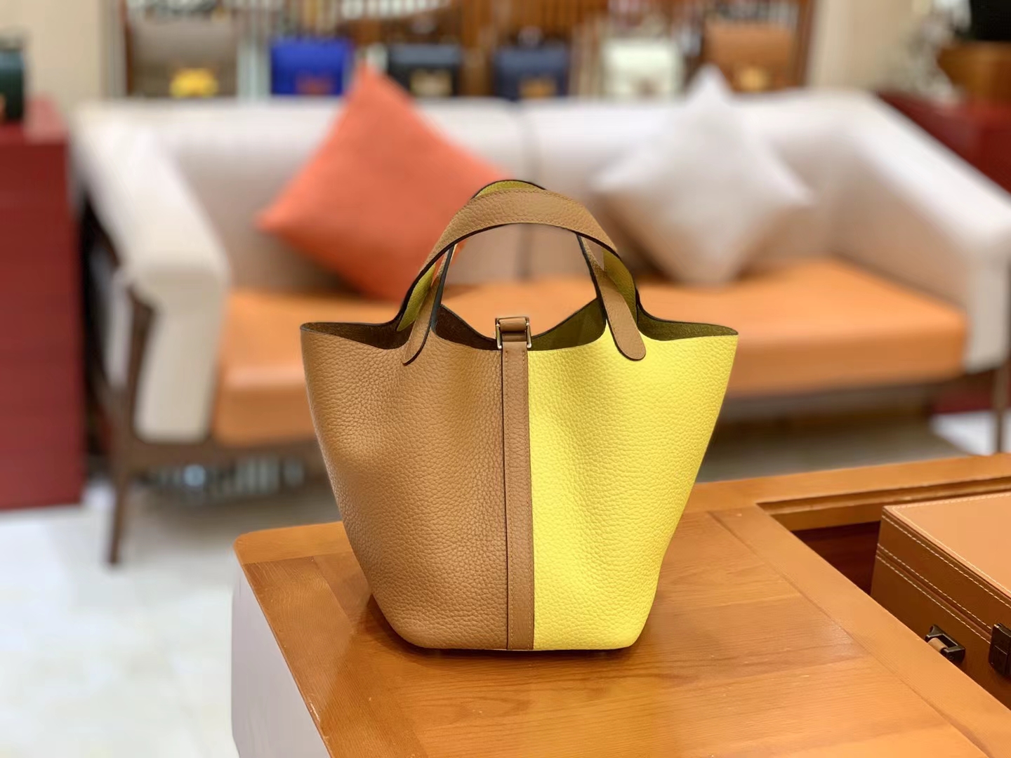 Hermès（爱马仕）Picotin 菜篮子 芝麻色 拼 那不勒斯黄 进口TC大牛皮 银扣 18cm 原版蜜蜡线 顶级手缝