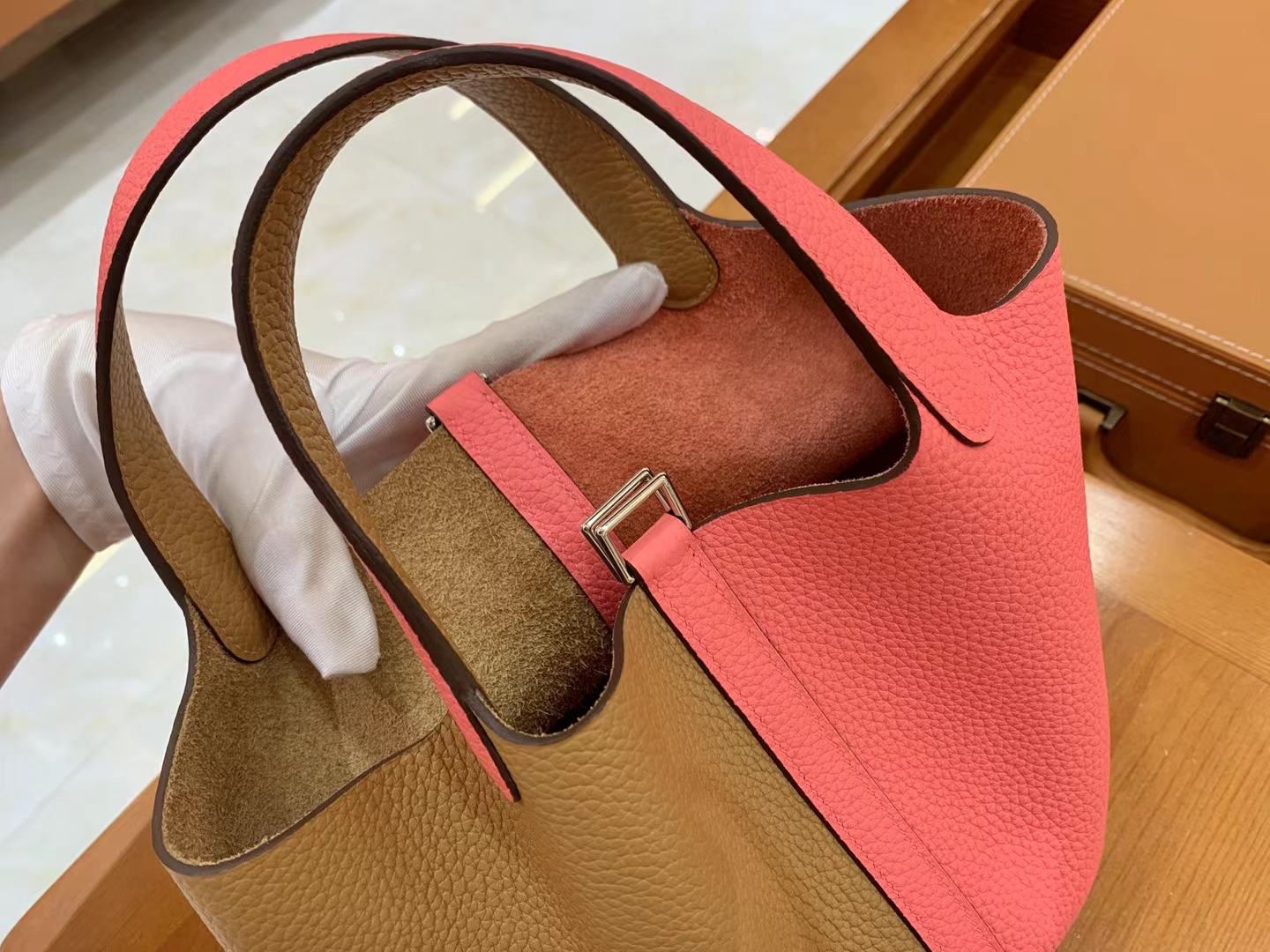 Hermès（爱马仕）Picotin 菜篮子 芝麻色 拼 唇膏粉 进口TC大牛皮 银扣 18cm 原版蜜蜡线 顶级手缝