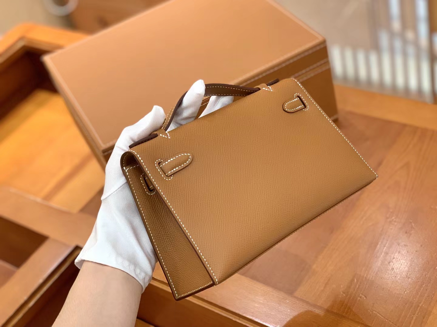 Hermès（爱马仕）Mini kelly 迷你凯莉 金棕 Epsom 掌纹牛皮 金扣 一代 原版蜜蜡线 顶级手缝