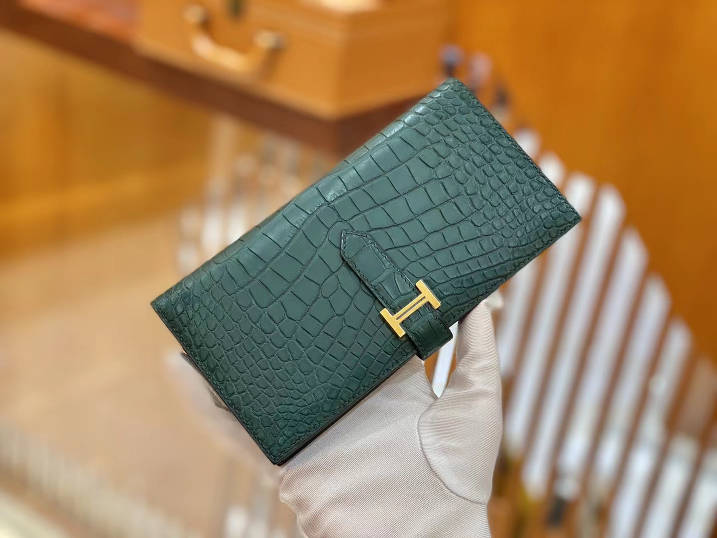 Hermès（爱马仕）钱包钱夹 松柏绿 金扣 一级美洲鳄鱼皮