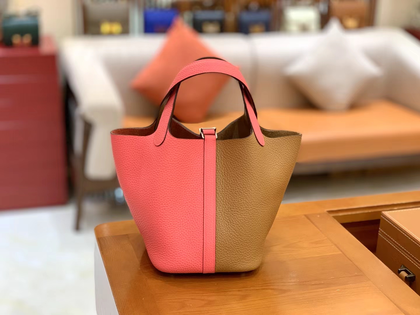 Hermès（爱马仕）Picotin 菜篮子 芝麻色 拼 唇膏粉 进口TC大牛皮 银扣 18cm 原版蜜蜡线 顶级手缝