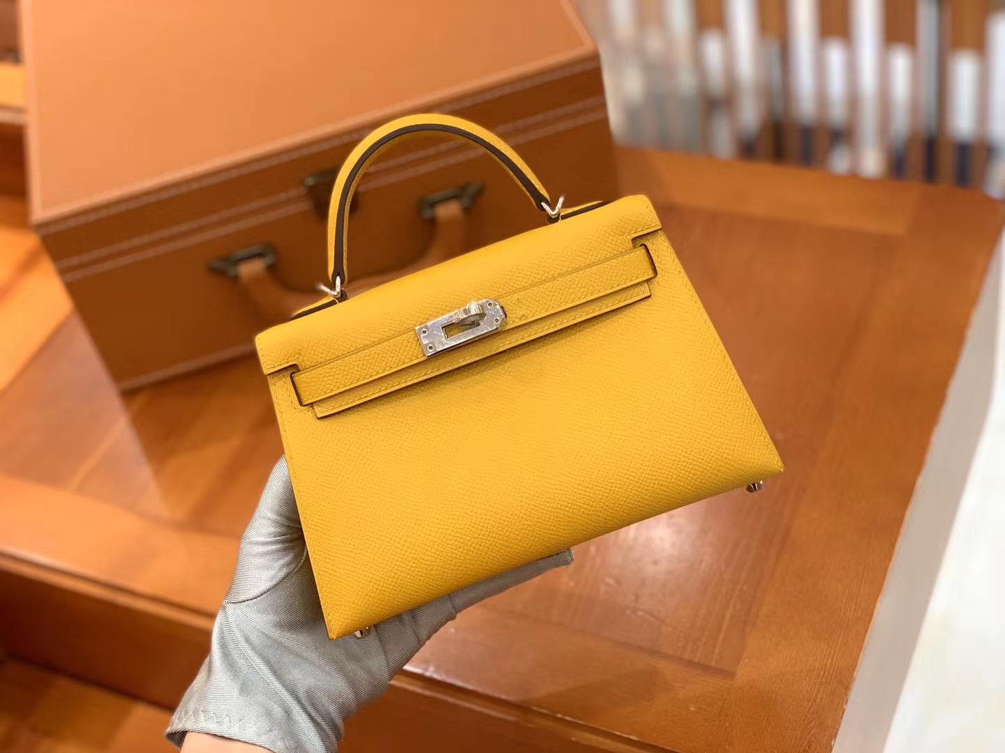 Hermès（爱马仕）Mini kelly 迷你凯莉 琥珀黄 Epsom掌纹牛皮 银扣 二代 原版蜜蜡线 顶级手缝