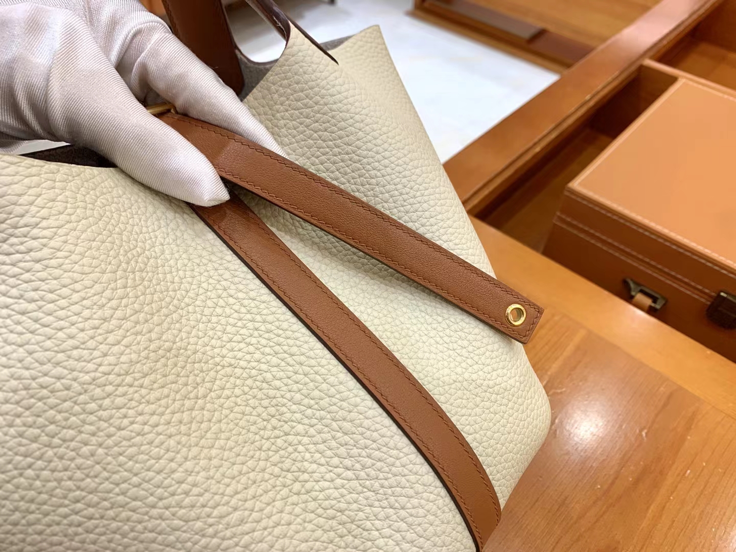 Hermès（爱马仕）Picotin 菜篮子 金棕 拼 奶昔白 进口Swift 拼 TC大牛皮 金扣 18cm 原版蜜蜡线 顶级手缝
