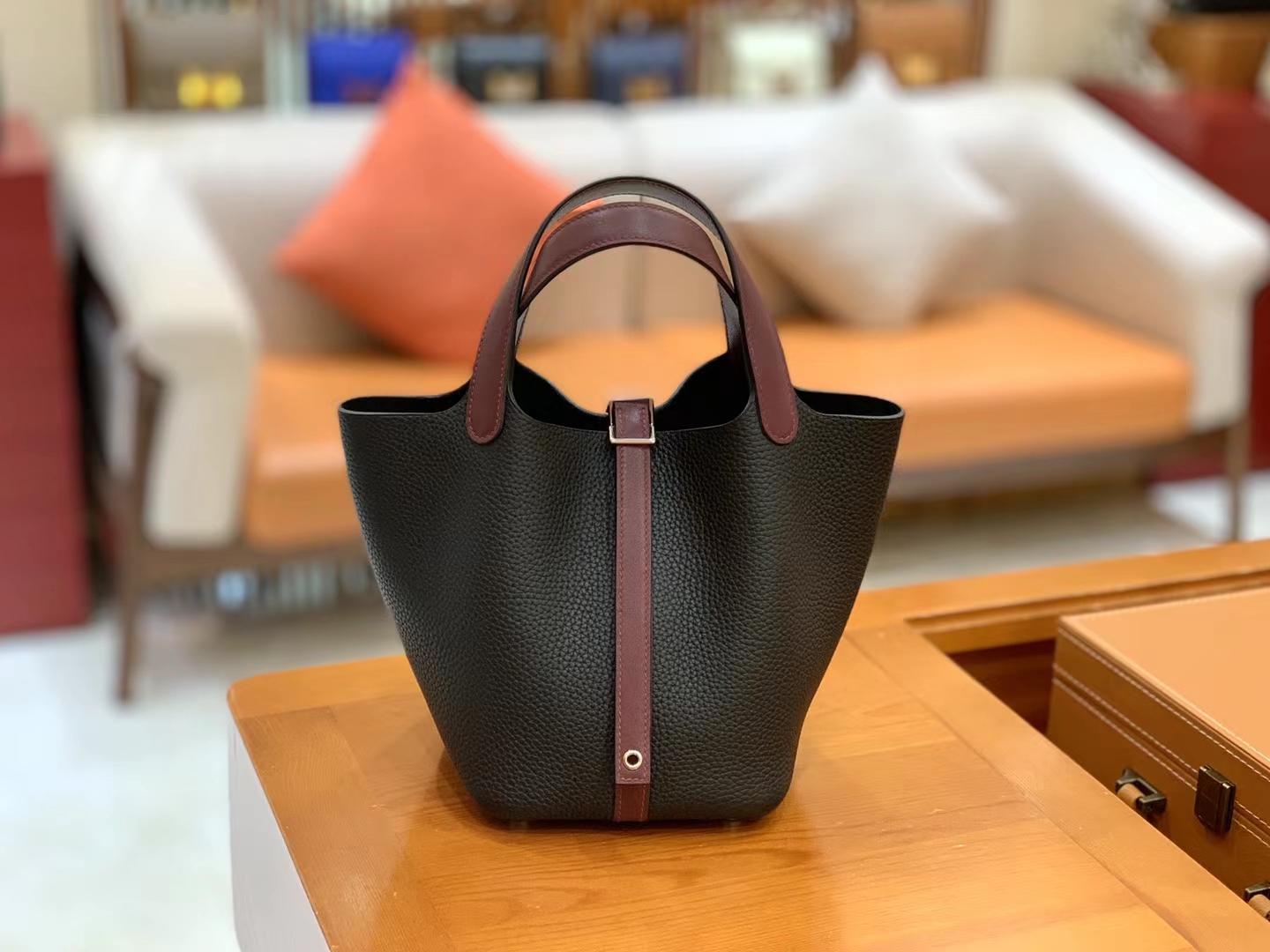 Hermès（爱马仕）Picotin 菜篮子 酒红 拼 经典黑 进口Swift 拼 TC大牛皮 银扣 18cm 原版蜜蜡线 顶级手缝