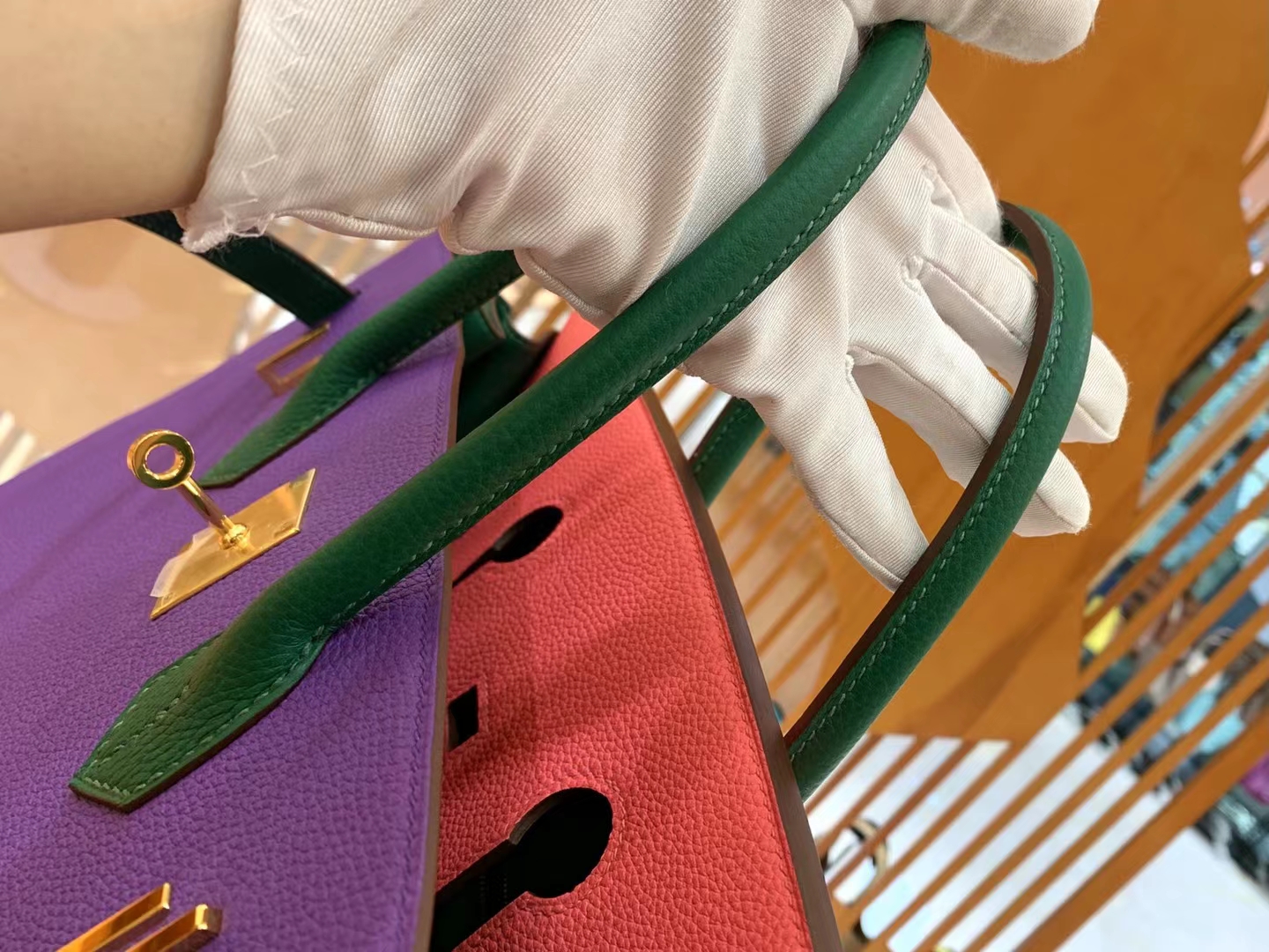 Hermès（爱马仕）Birkin 铂金包 梦幻紫 拼 唇膏粉 拼 丝绒绿 进口Togo皮 金扣 35cm