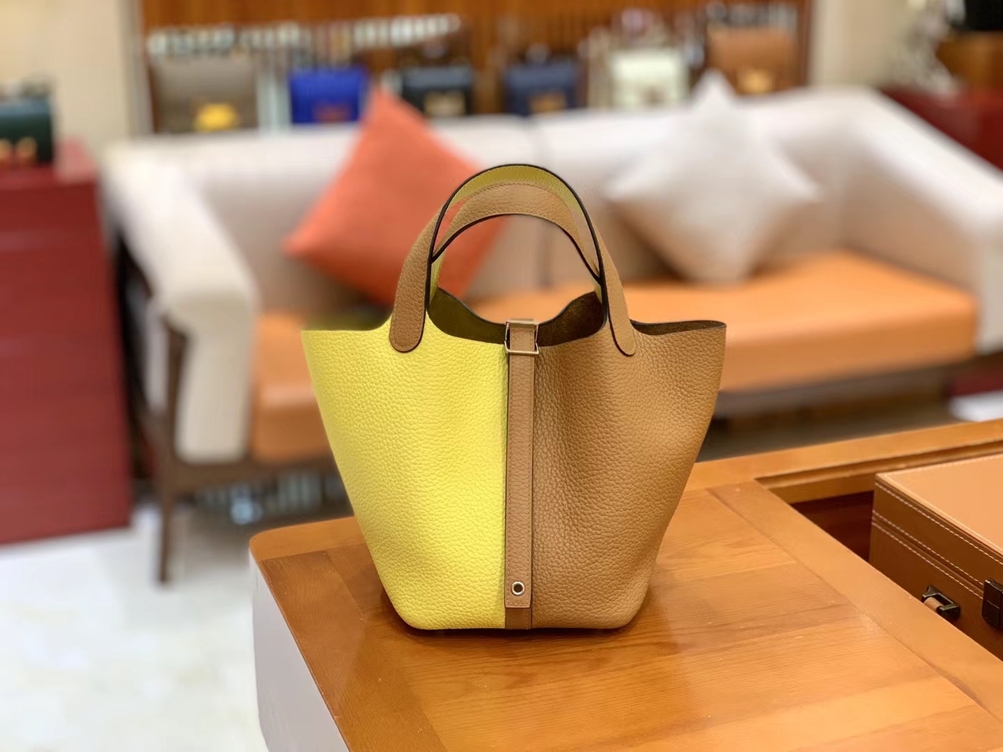 Hermès（爱马仕）Picotin 菜篮子 芝麻色 拼 那不勒斯黄 进口TC大牛皮 银扣 18cm 原版蜜蜡线 顶级手缝