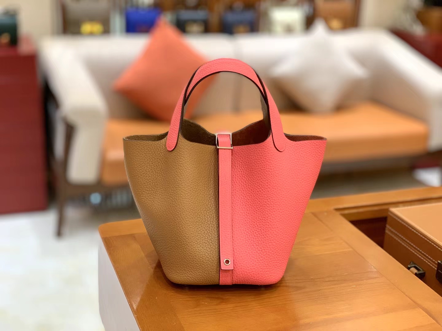 Hermès（爱马仕）Picotin 菜篮子 芝麻色 拼 唇膏粉 进口TC大牛皮 银扣 18cm 原版蜜蜡线 顶级手缝
