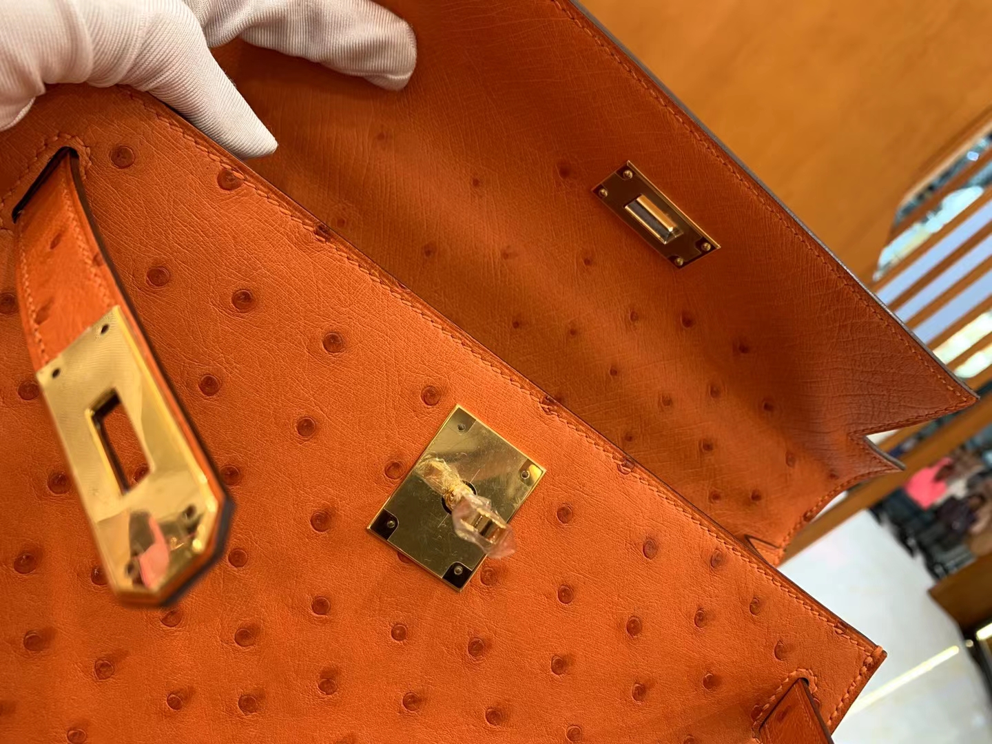 Hermès（爱马仕）Kelly 凯莉包 经典橙 南非KK级鸵鸟皮 金扣 28cm