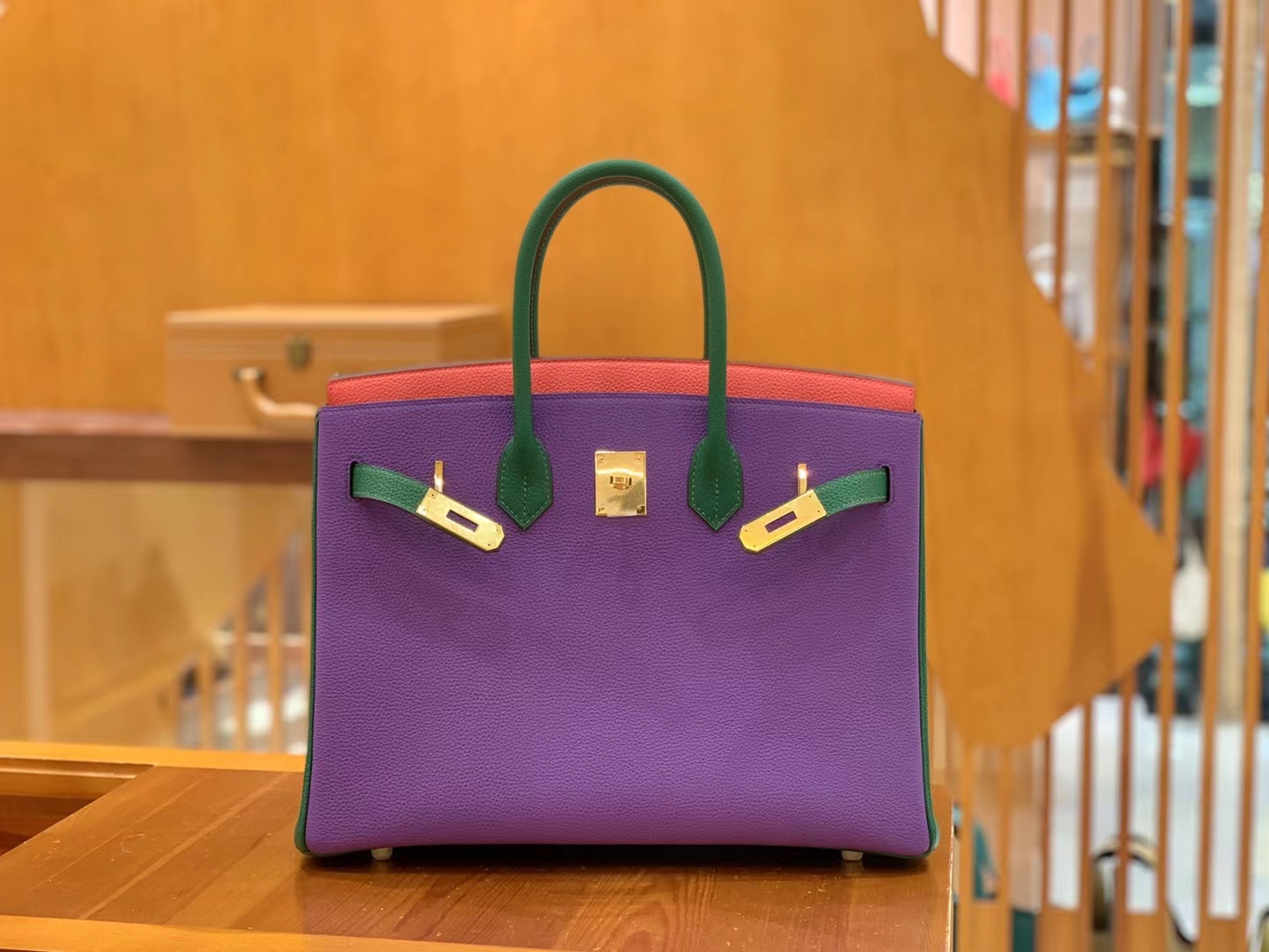Hermès（爱马仕）Birkin 铂金包 梦幻紫 拼 唇膏粉 拼 丝绒绿 进口Togo皮 金扣 35cm