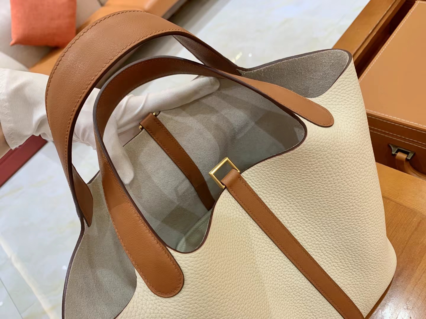 Hermès（爱马仕）Picotin 菜篮子 金棕 拼 奶昔白 进口Swift皮 拼 TC大牛皮 金扣 22cm 原版蜜蜡线 顶级手缝