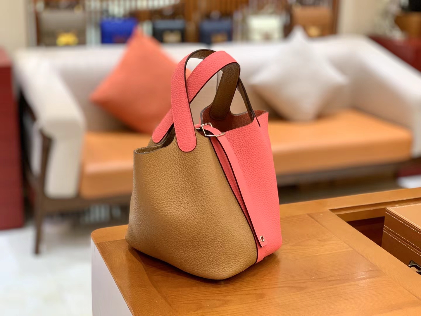 Hermès（爱马仕）Picotin 菜篮子 芝麻色 拼 唇膏粉 进口TC大牛皮 银扣 18cm 原版蜜蜡线 顶级手缝