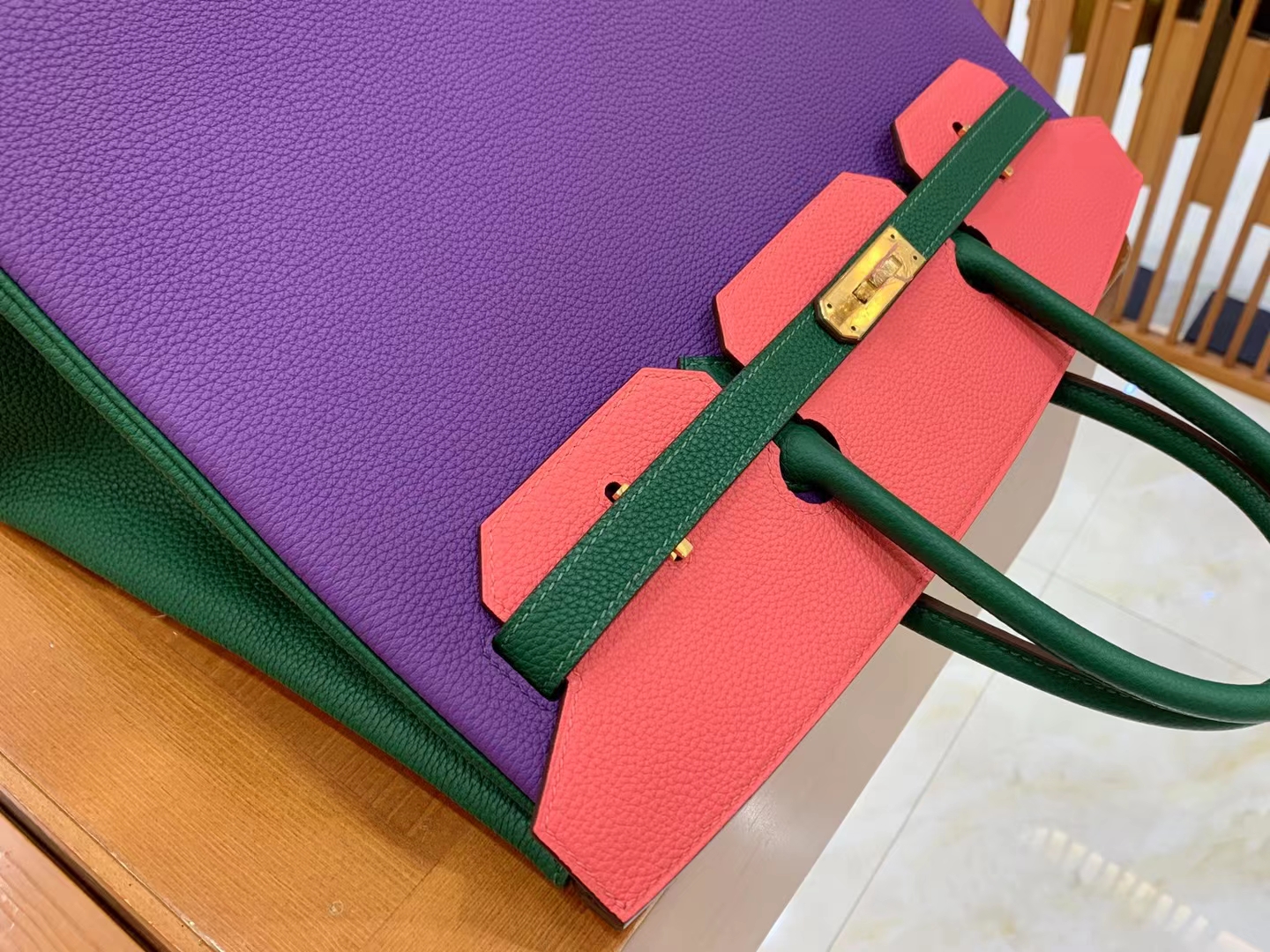 Hermès（爱马仕）Birkin 铂金包 梦幻紫 拼 唇膏粉 拼 丝绒绿 进口Togo皮 金扣 35cm
