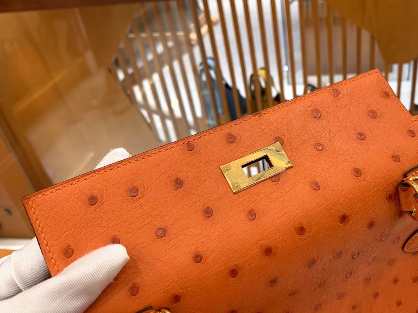 Hermès（爱马仕）Kelly 凯莉包 经典橙 南非KK级鸵鸟皮 金扣 28cm