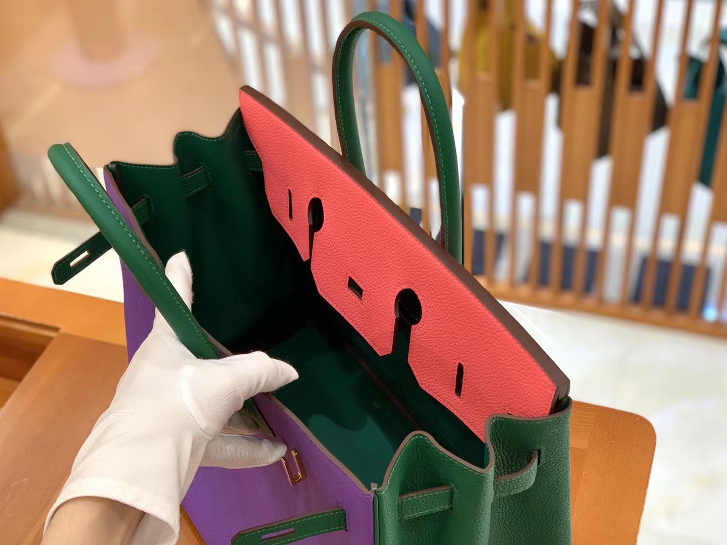 Hermès（爱马仕）Birkin 铂金包 梦幻紫 拼 唇膏粉 拼 丝绒绿 进口Togo皮 金扣 35cm