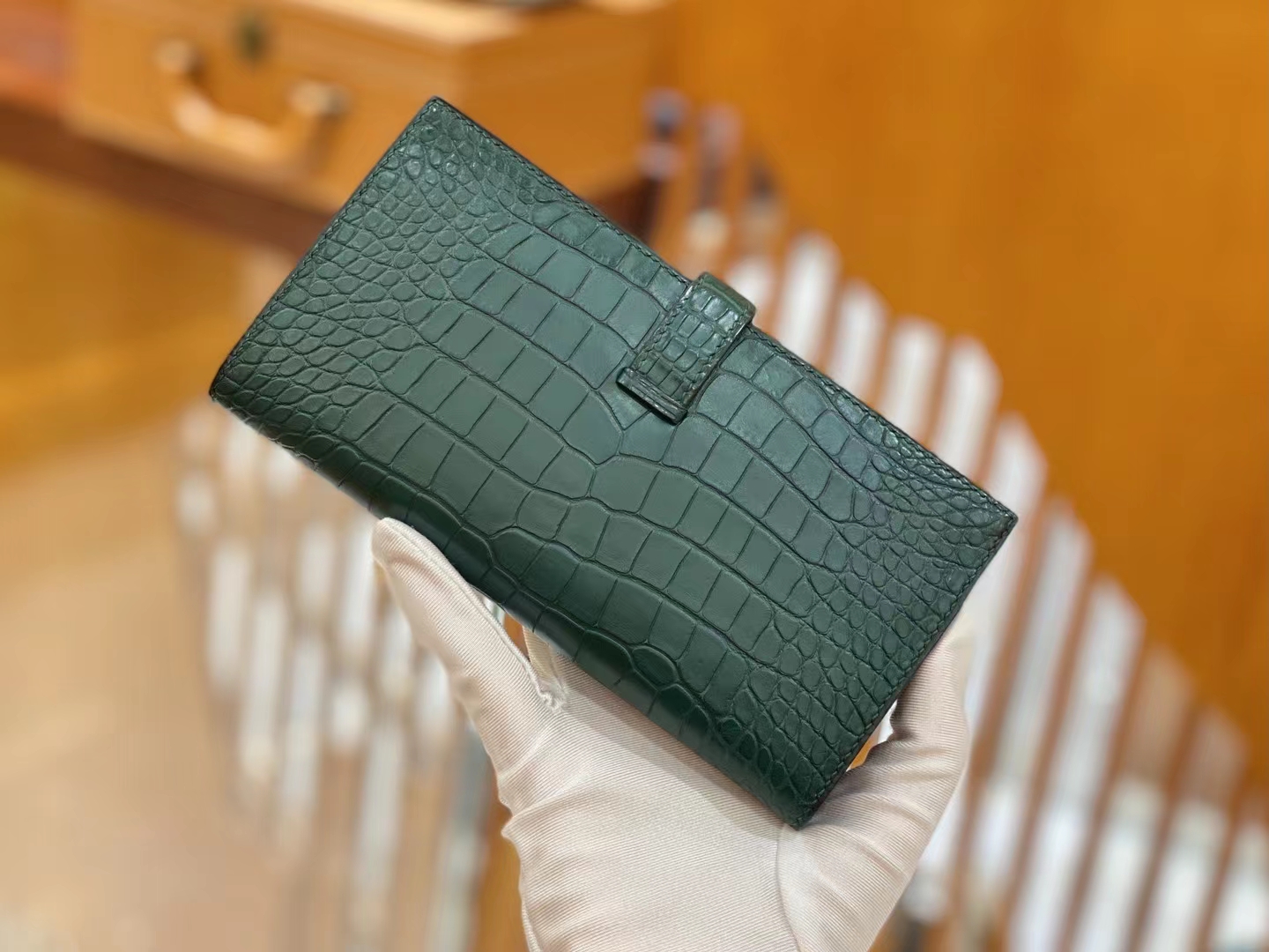 Hermès（爱马仕）钱包钱夹 松柏绿 金扣 一级美洲鳄鱼皮