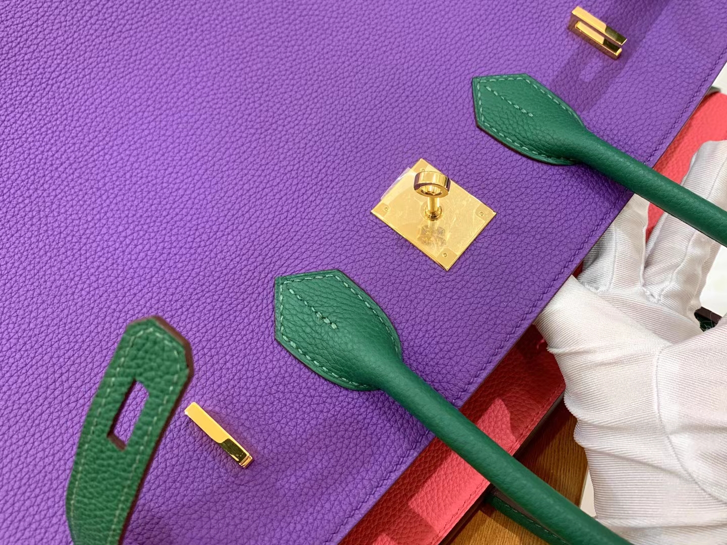 Hermès（爱马仕）Birkin 铂金包 梦幻紫 拼 唇膏粉 拼 丝绒绿 进口Togo皮 金扣 35cm