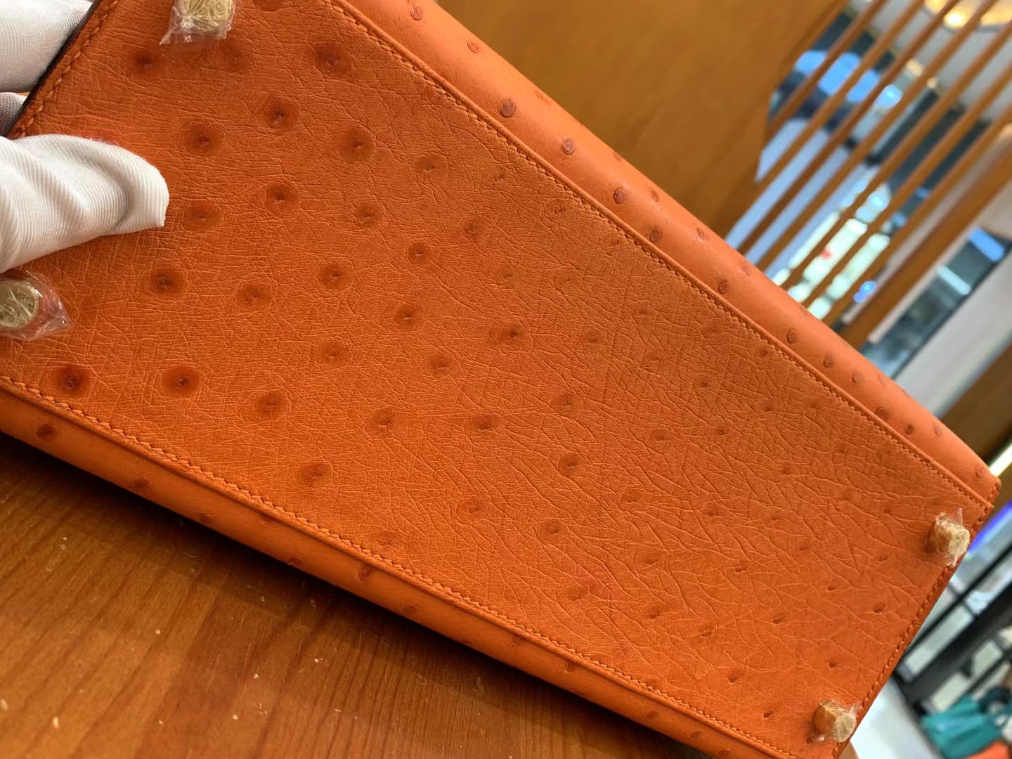 Hermès（爱马仕）Kelly 凯莉包 经典橙 南非KK级鸵鸟皮 金扣 28cm