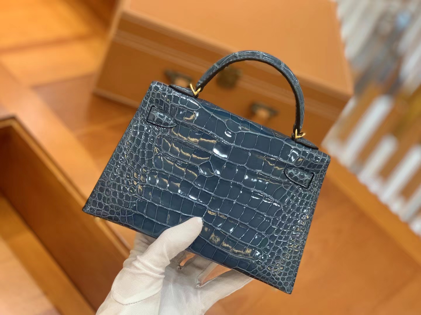 爱马仕 Hermes Mini kelly 二代 N7 Bleu Tempete风暴蓝 一级进口美洲鳄 金扣 进口蜜蜡线 全手工制作